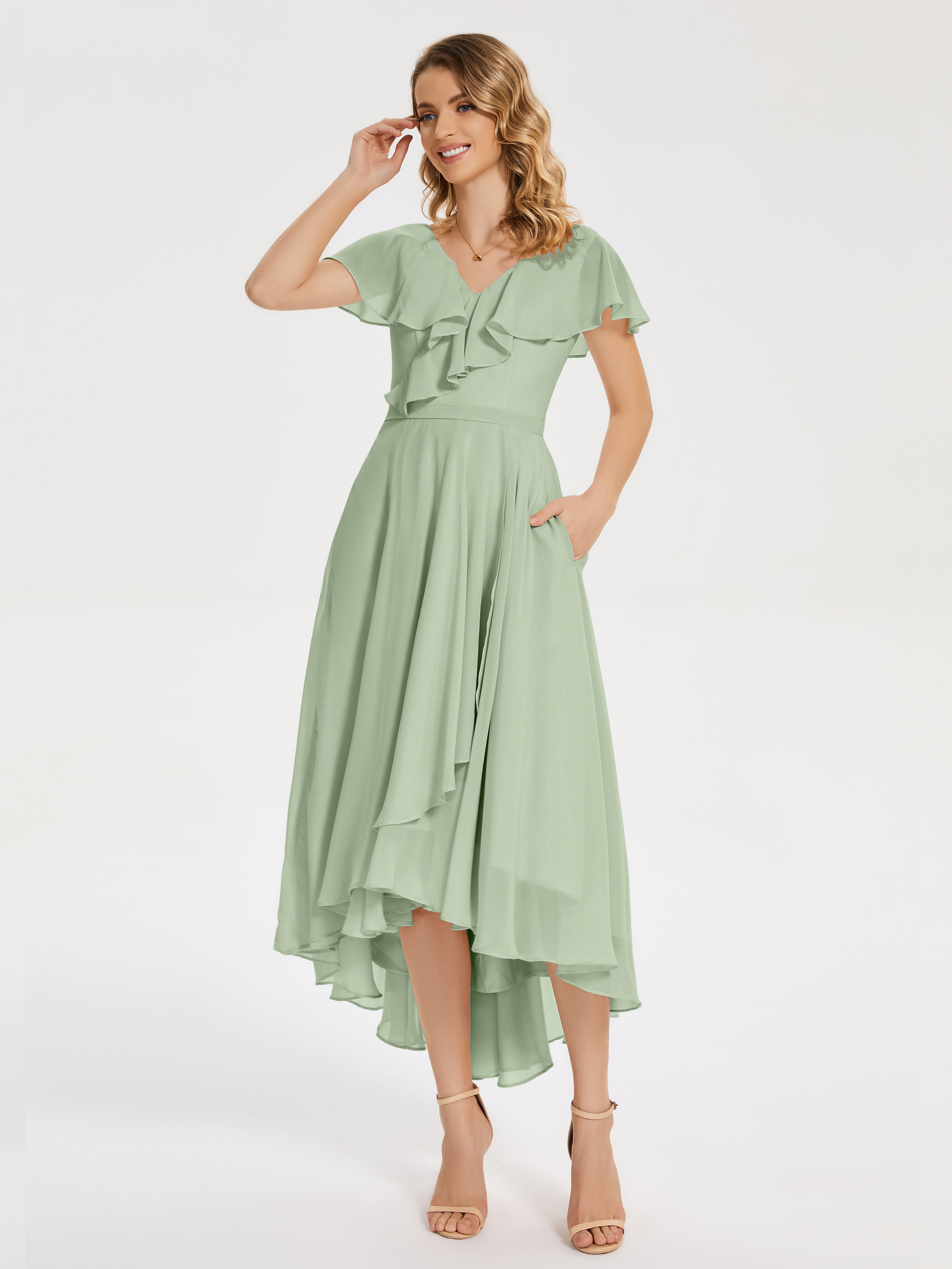 Demoiselles D'Honneur De Sauge Poussiéreuse Col V Asymétrique Robes Demoiselle D'Honneur À Volants
