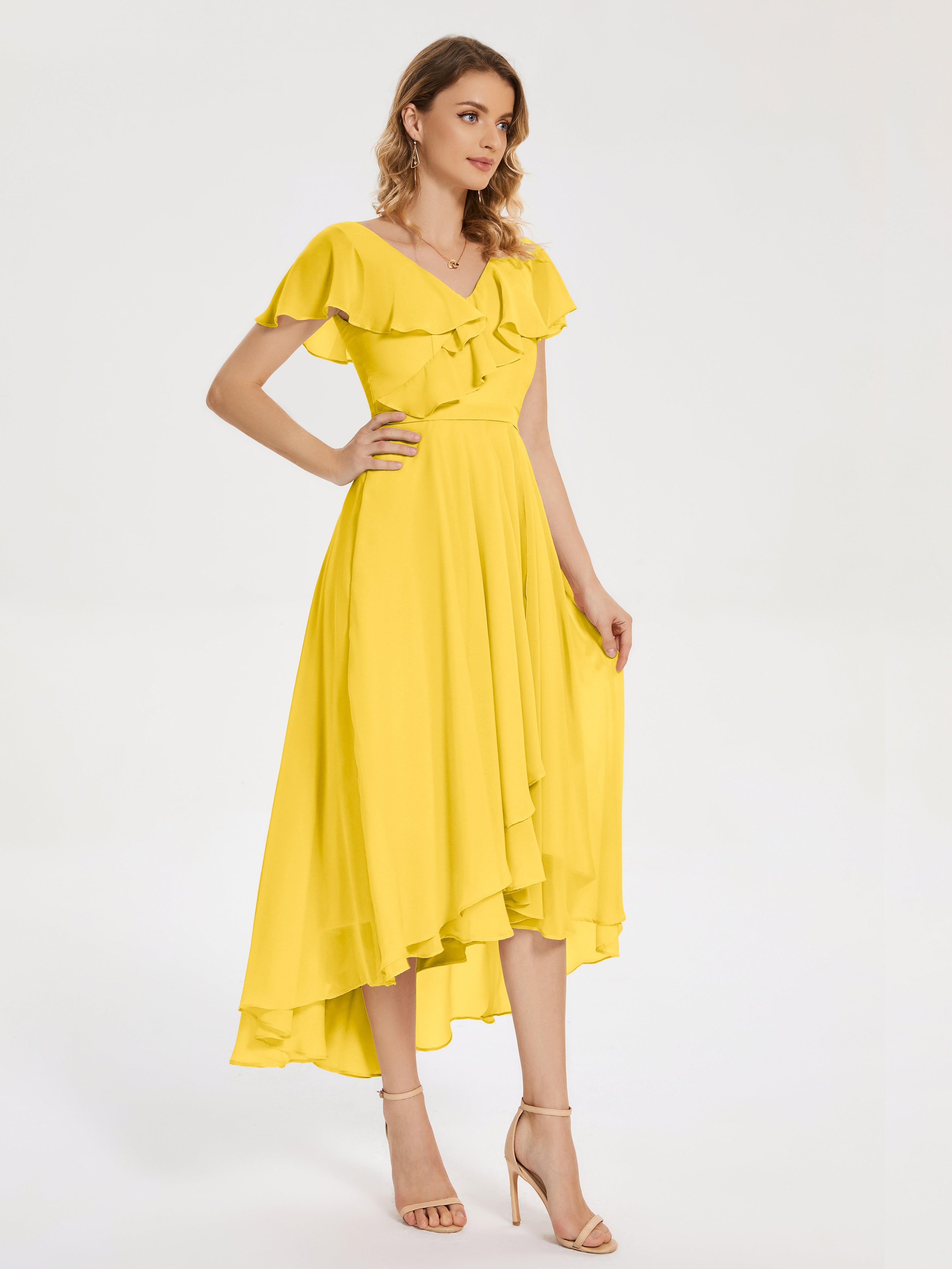 Robe De Demoiselle D'Honneur Souci Col V Asymétrique Robes Demoiselle D'Honneur À Volants