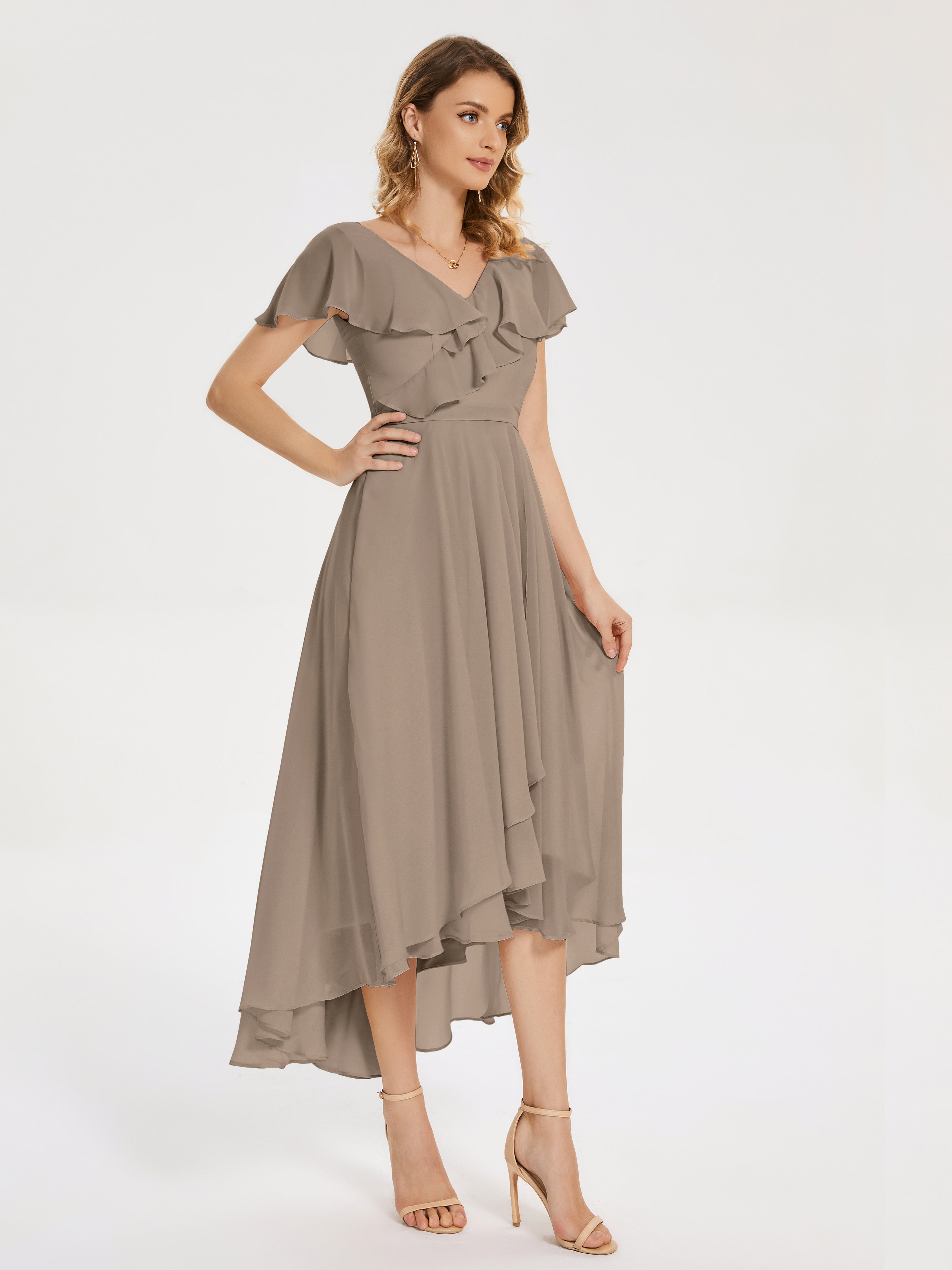 Robe Ceremonie Taupe Col V Asymétrique Robes Demoiselle D'Honneur À Volants