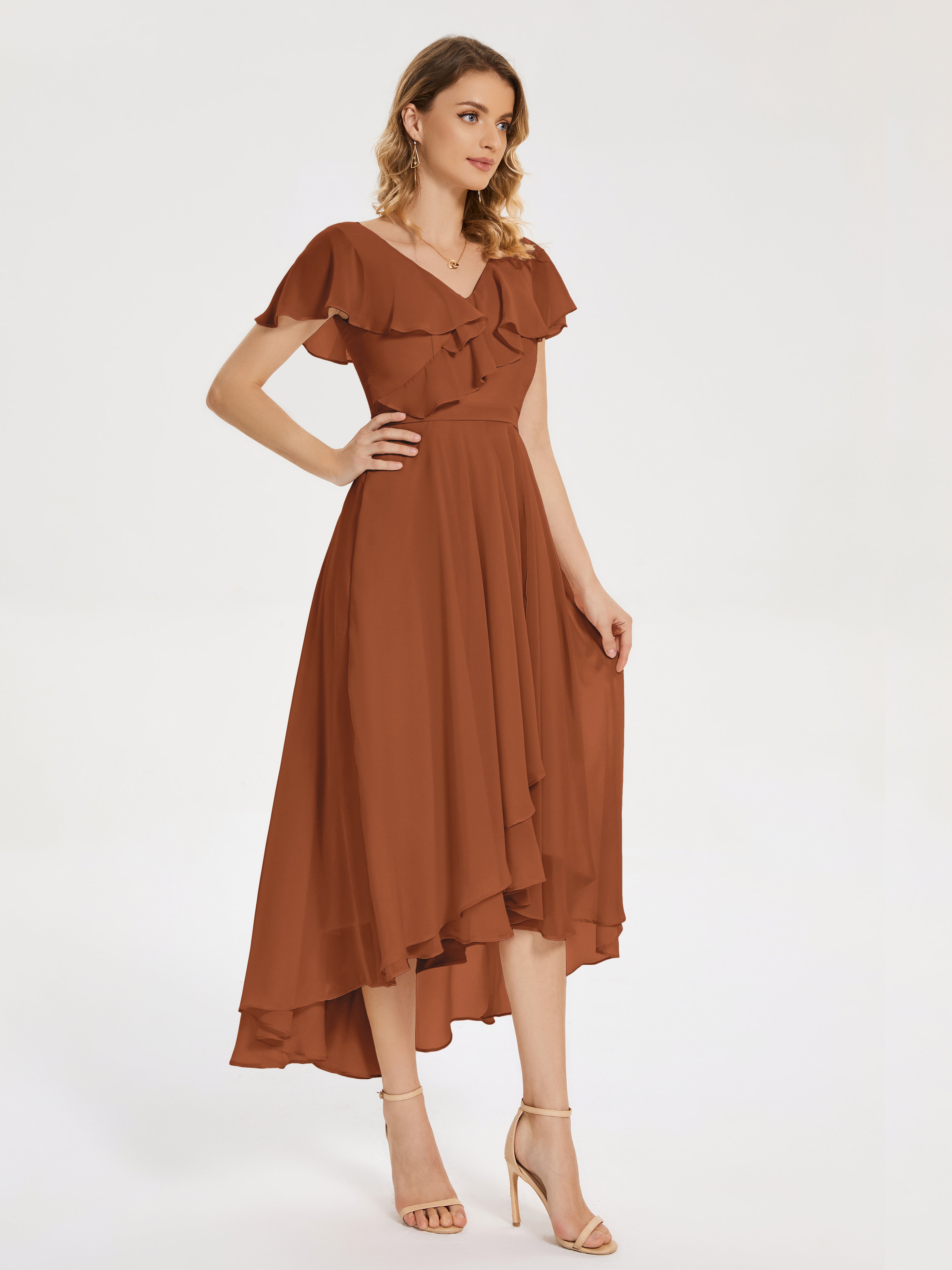 Robe Demoiselle D Honneur Terracotta Col V Asymétrique Robes Demoiselle D'Honneur À Volants