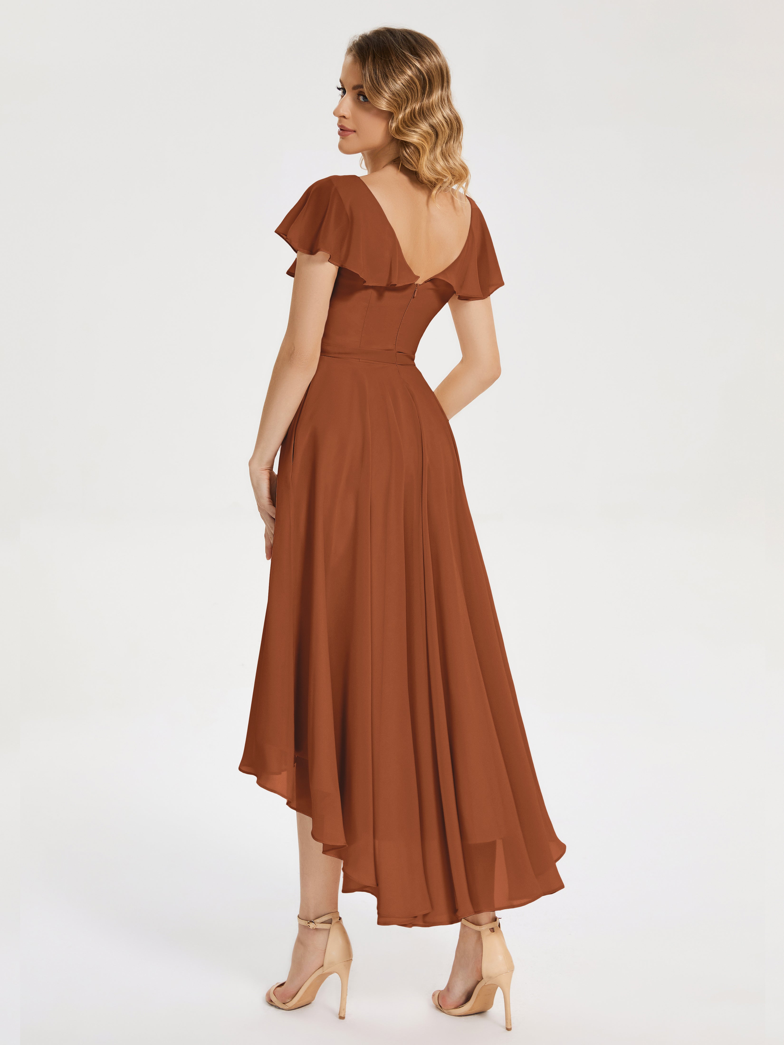Robe Demoiselle D Honneur Terracotta Col V Asymétrique Robes Demoiselle D'Honneur À Volants
