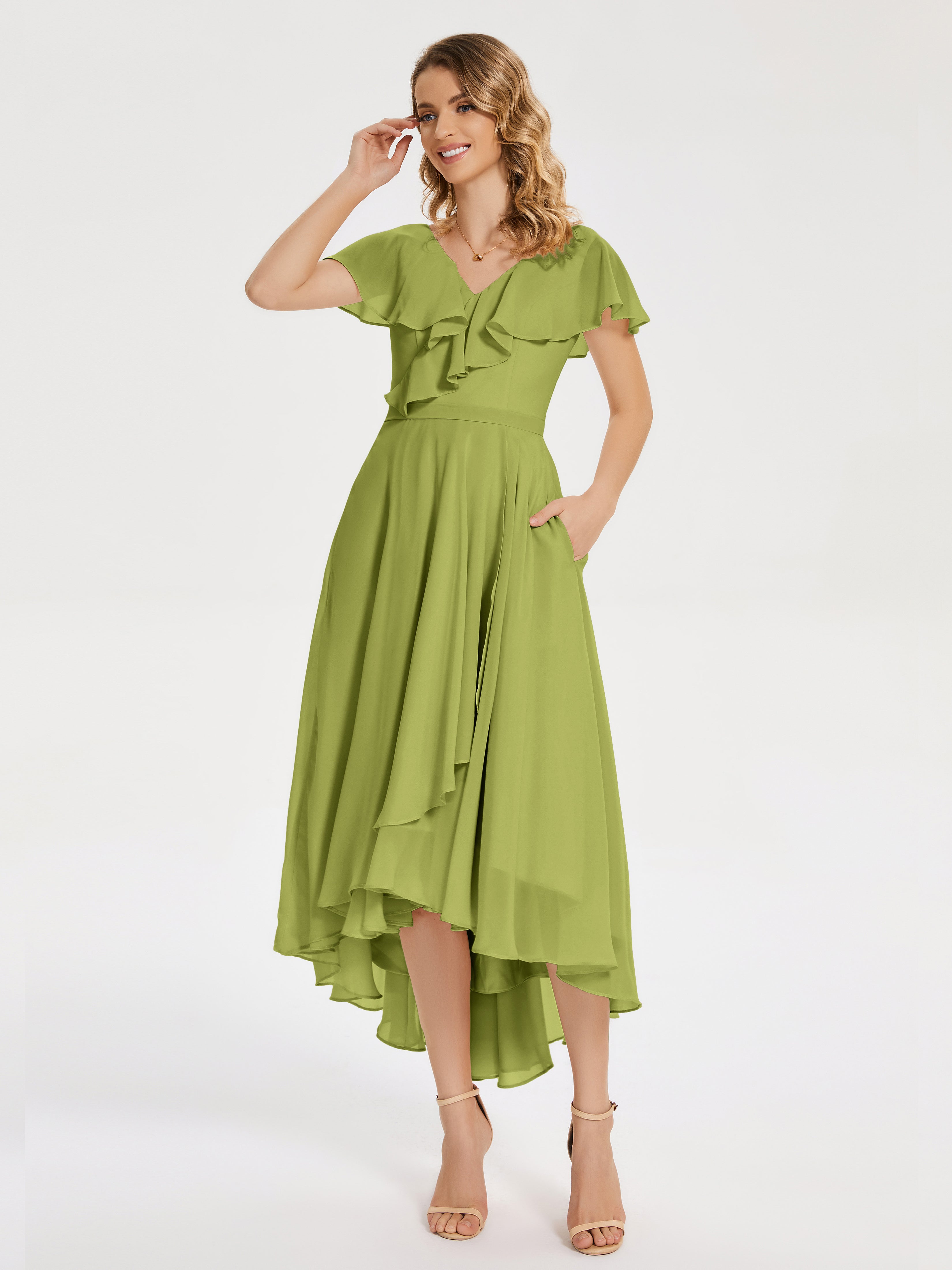 Robes De Demoiselle D'Honneur Trèfle Col V Asymétrique Robes Demoiselle D'Honneur À Volants