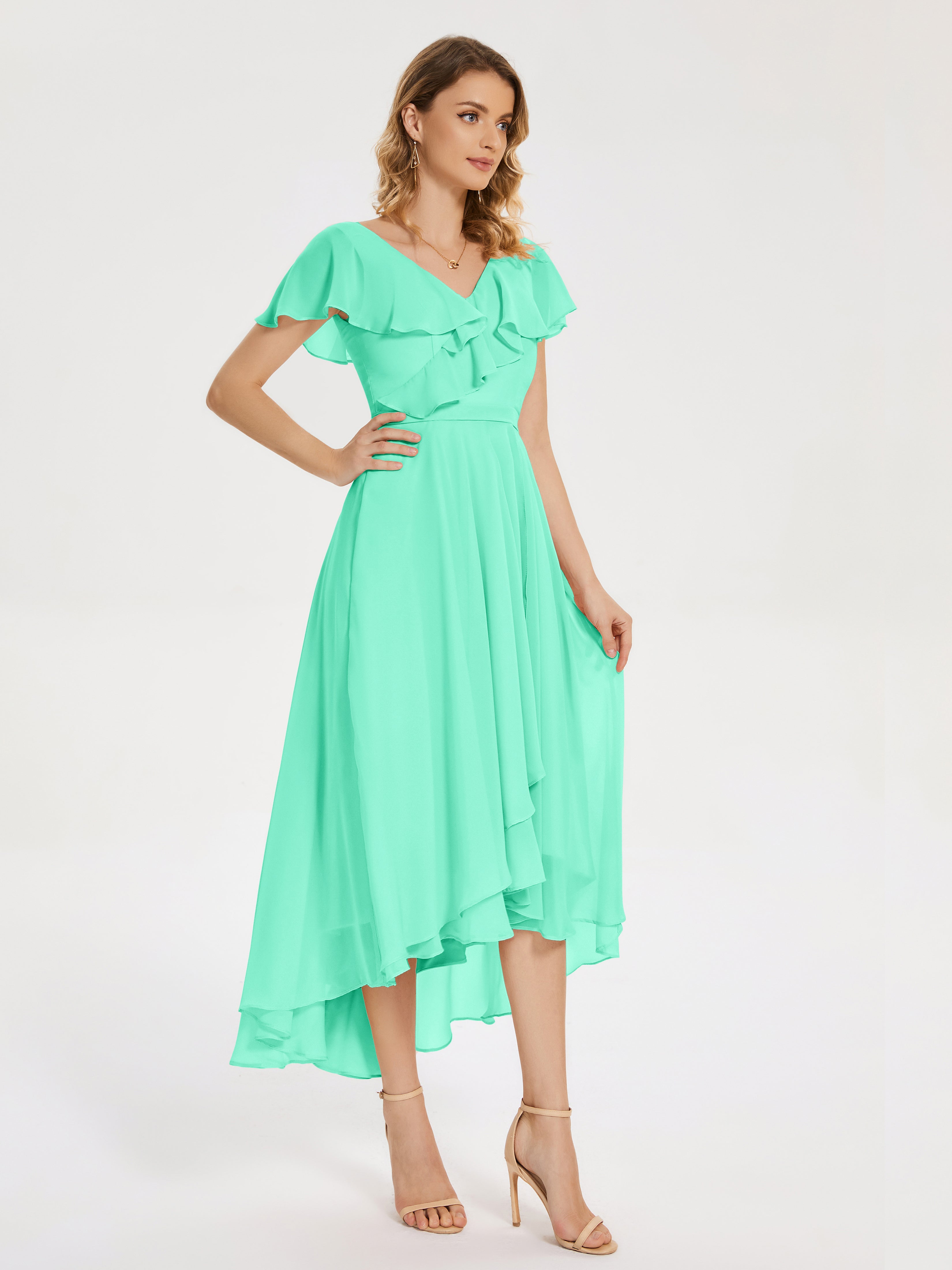 Robe Turquoise Demoiselle D Honneur Col V Asymétrique Robes Demoiselle D'Honneur À Volants