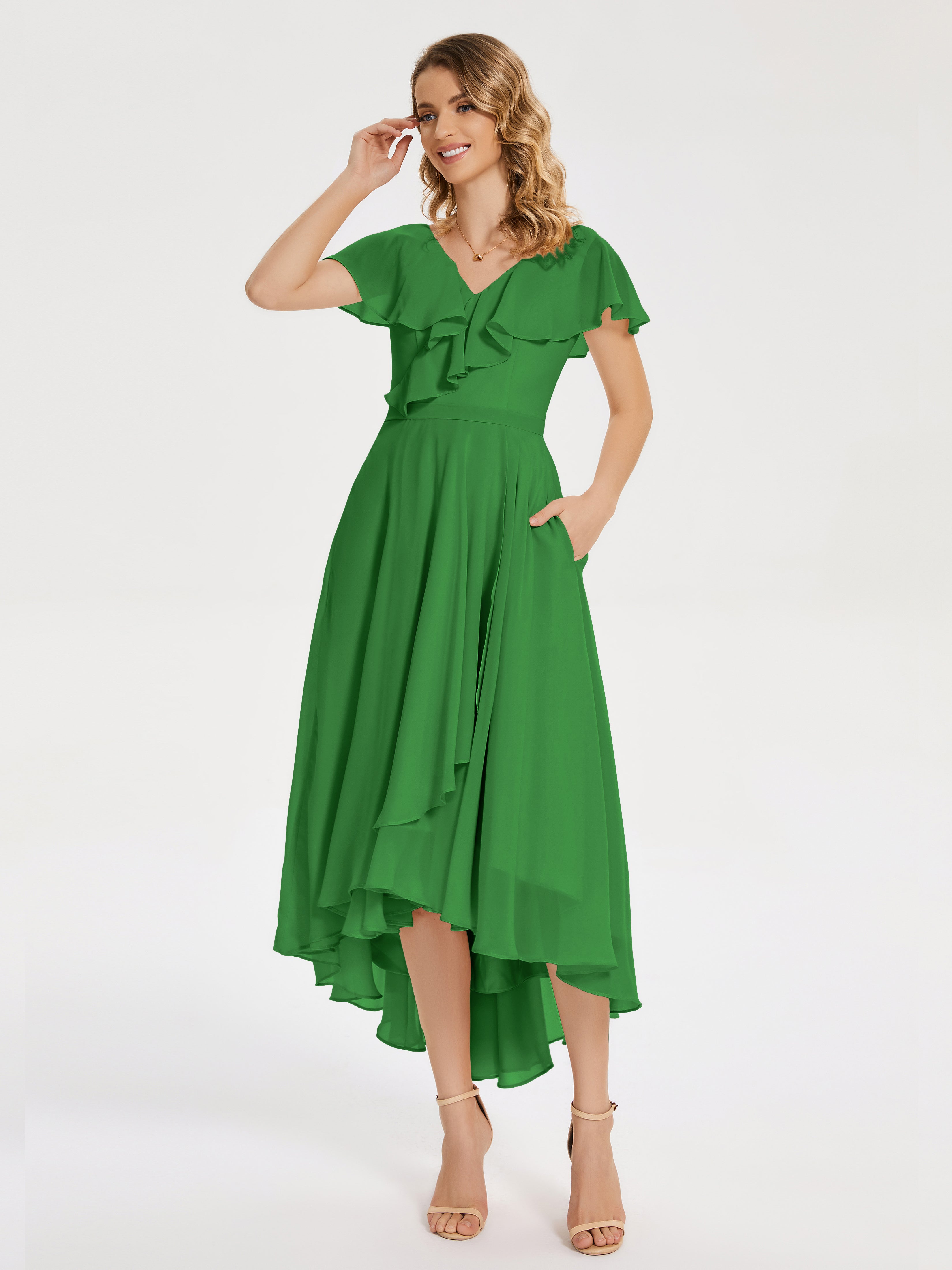 Robe Demoiselle D Honneur Verte Col V Asymétrique Robes Demoiselle D'Honneur À Volants