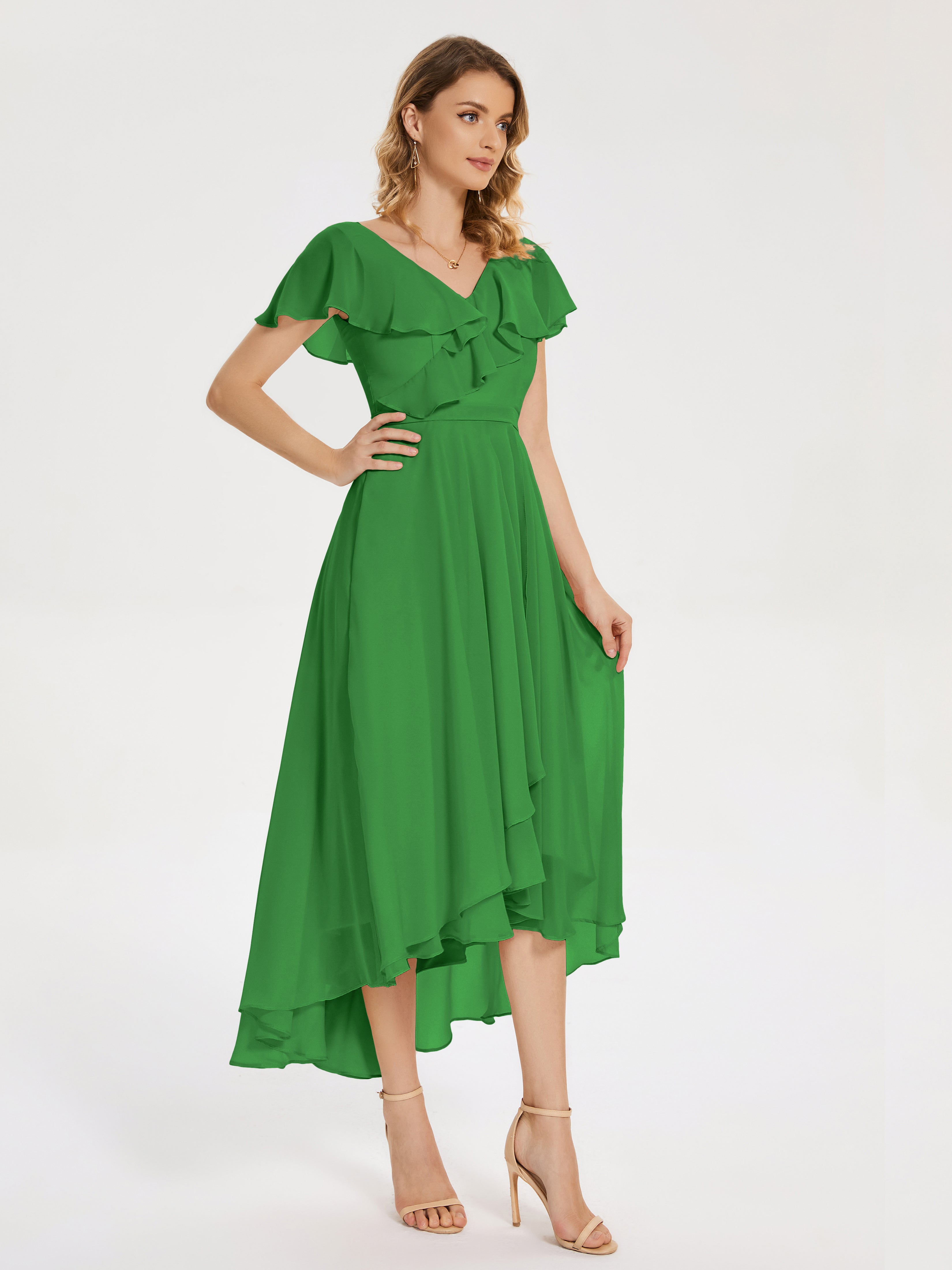 Robe Demoiselle D Honneur Verte Col V Asymétrique Robes Demoiselle D'Honneur À Volants