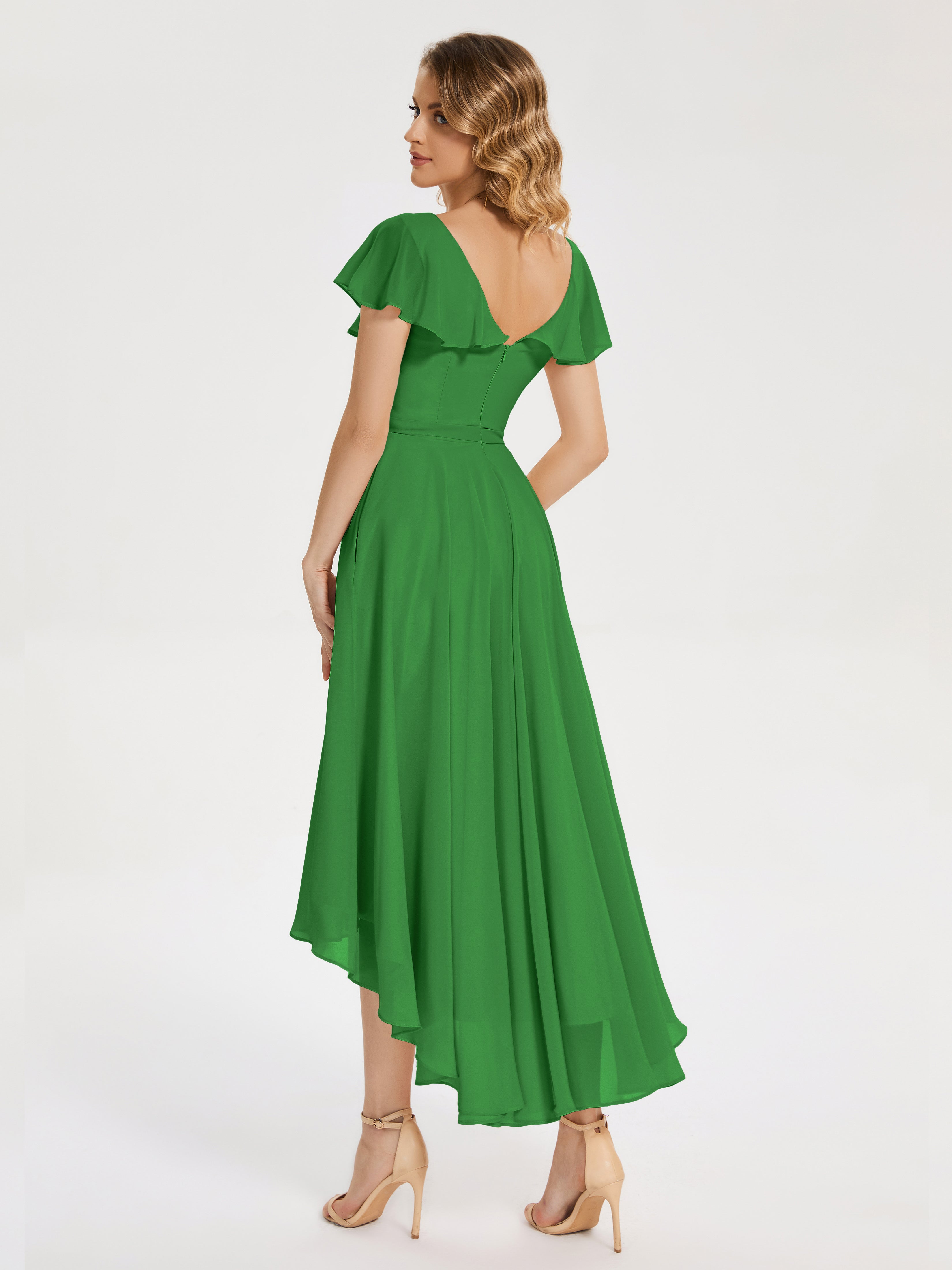 Robe Demoiselle D Honneur Verte Col V Asymétrique Robes Demoiselle D'Honneur À Volants