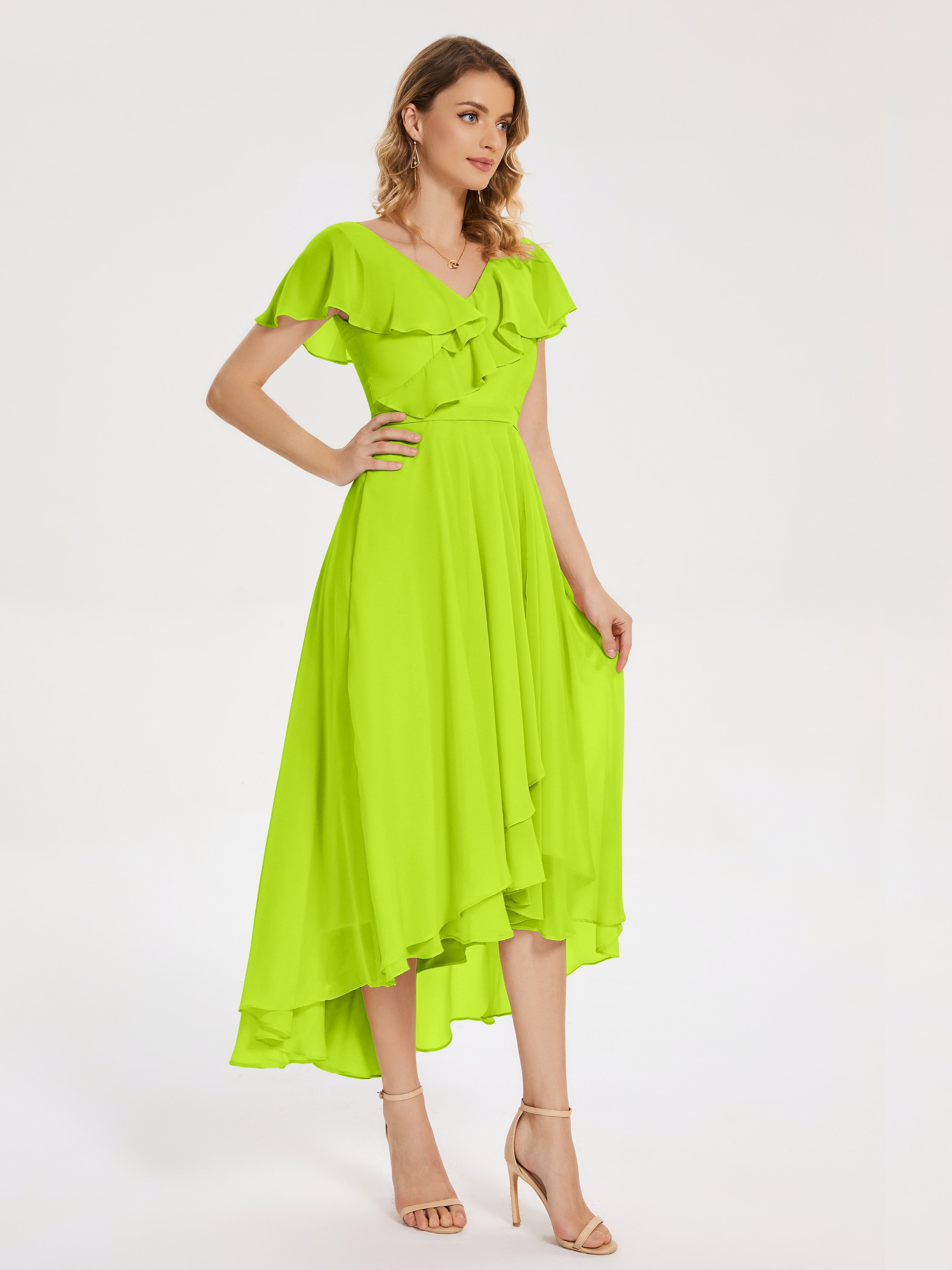 Robes De Demoiselle D'Honneur Vert Citron Col V Asymétrique Robes Demoiselle D'Honneur À Volants