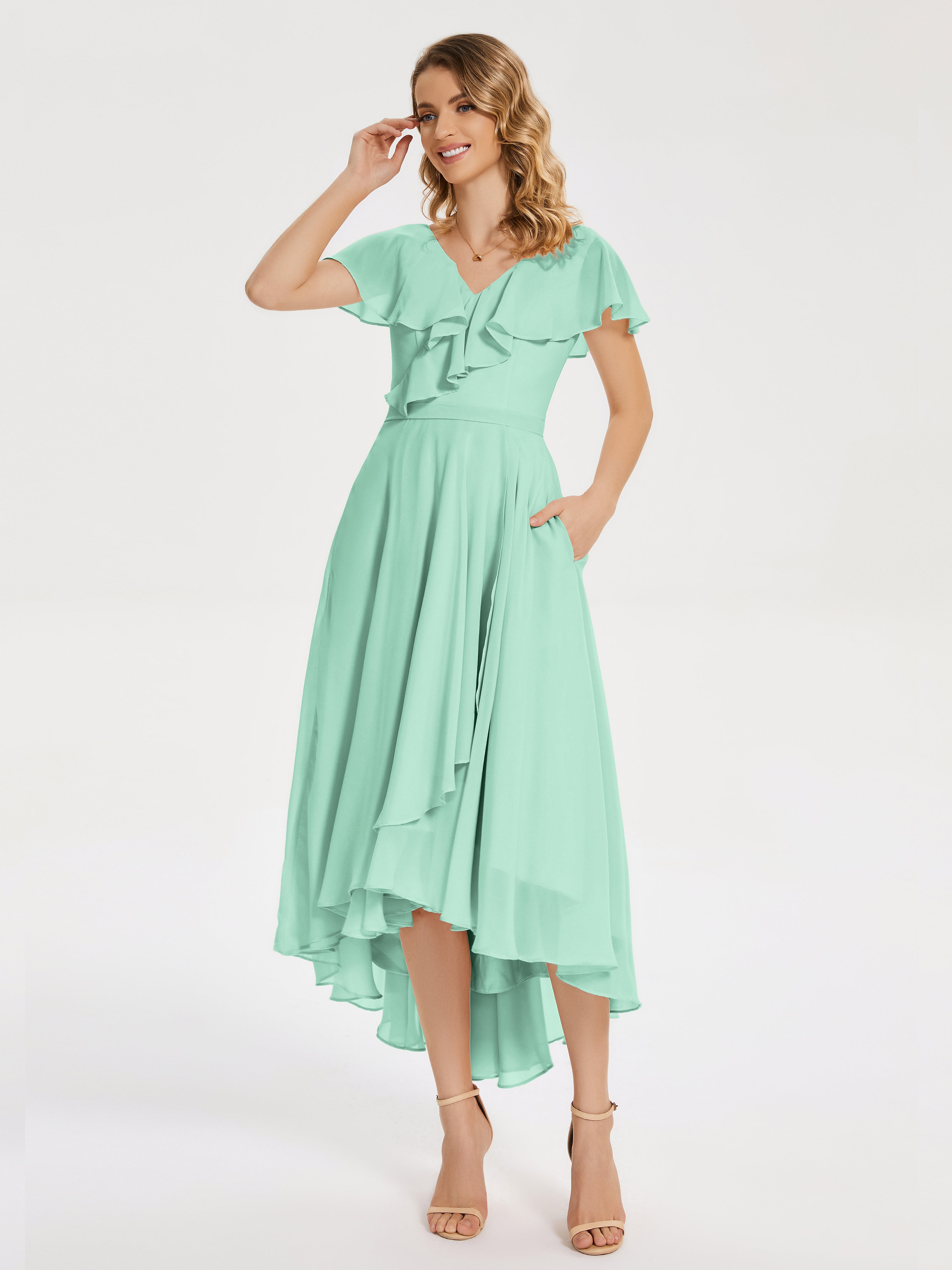 Robe Demoiselle D Honneur Vert Menthe Col V Asymétrique Robes Demoiselle D'Honneur À Volants