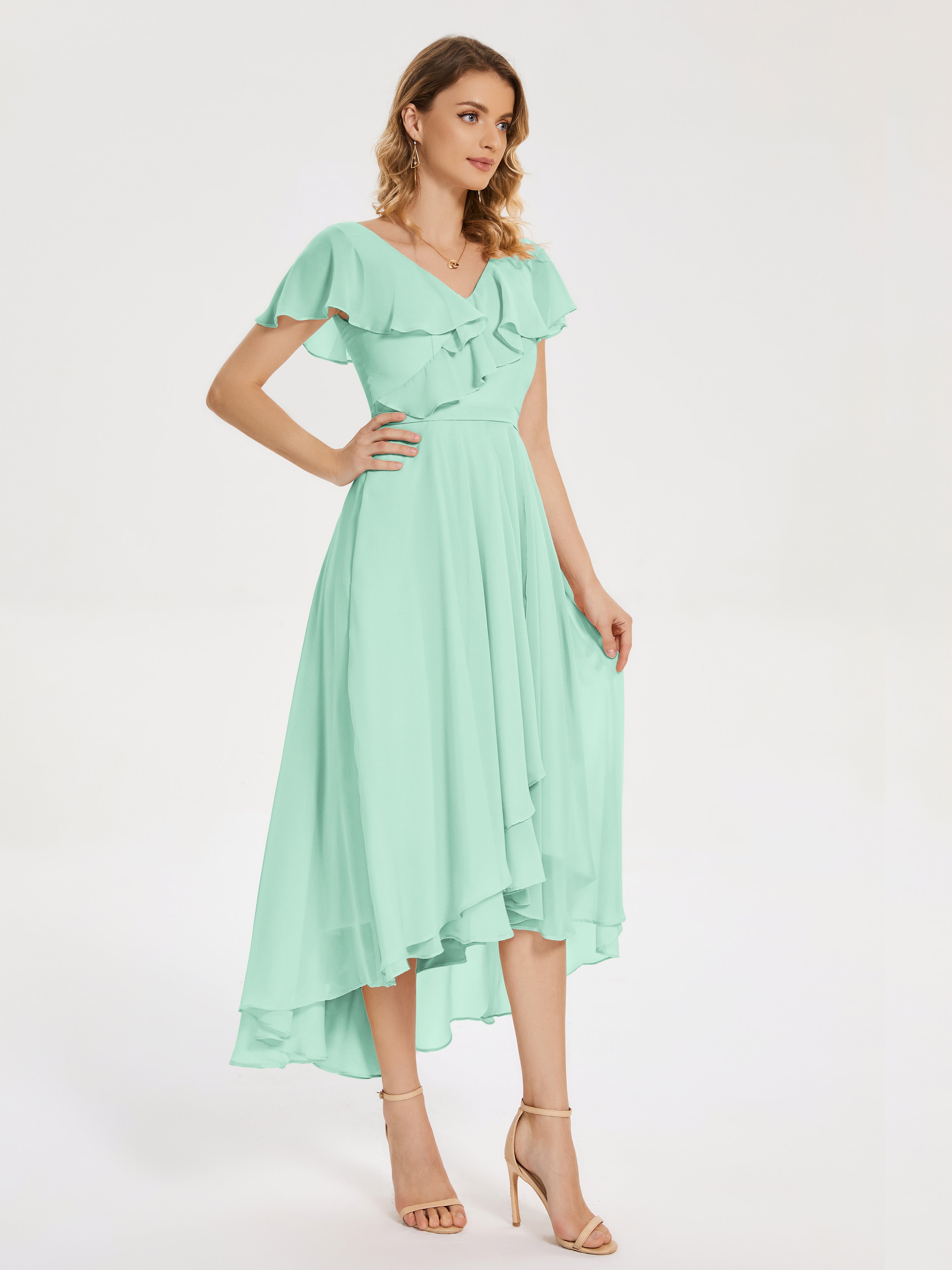Robe Demoiselle D Honneur Vert Menthe Col V Asymétrique Robes Demoiselle D'Honneur À Volants