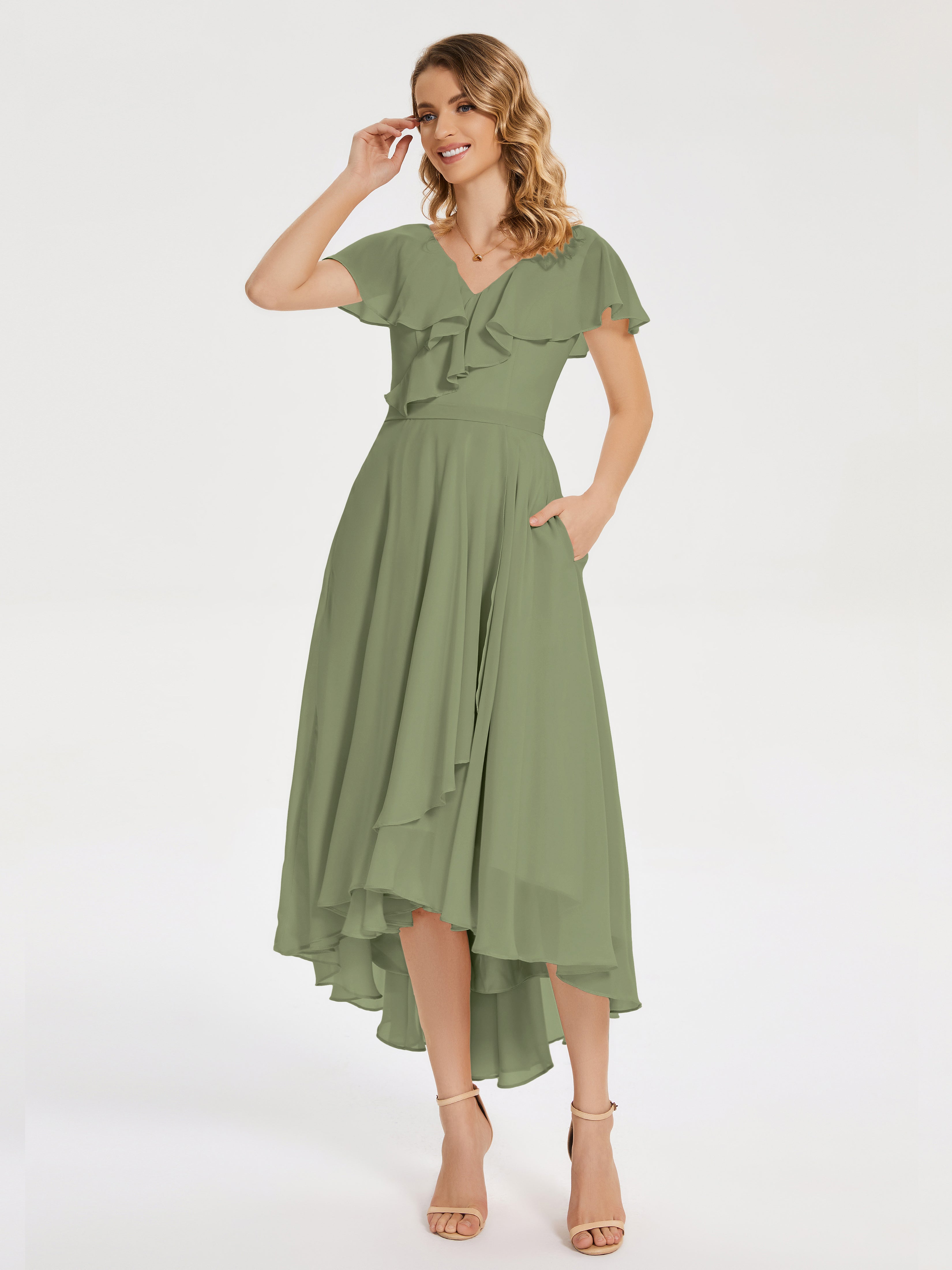 Robes De Demoiselle D'Honneur Vert Olive Clair Col V Asymétrique Robes Demoiselle D'Honneur À Volants