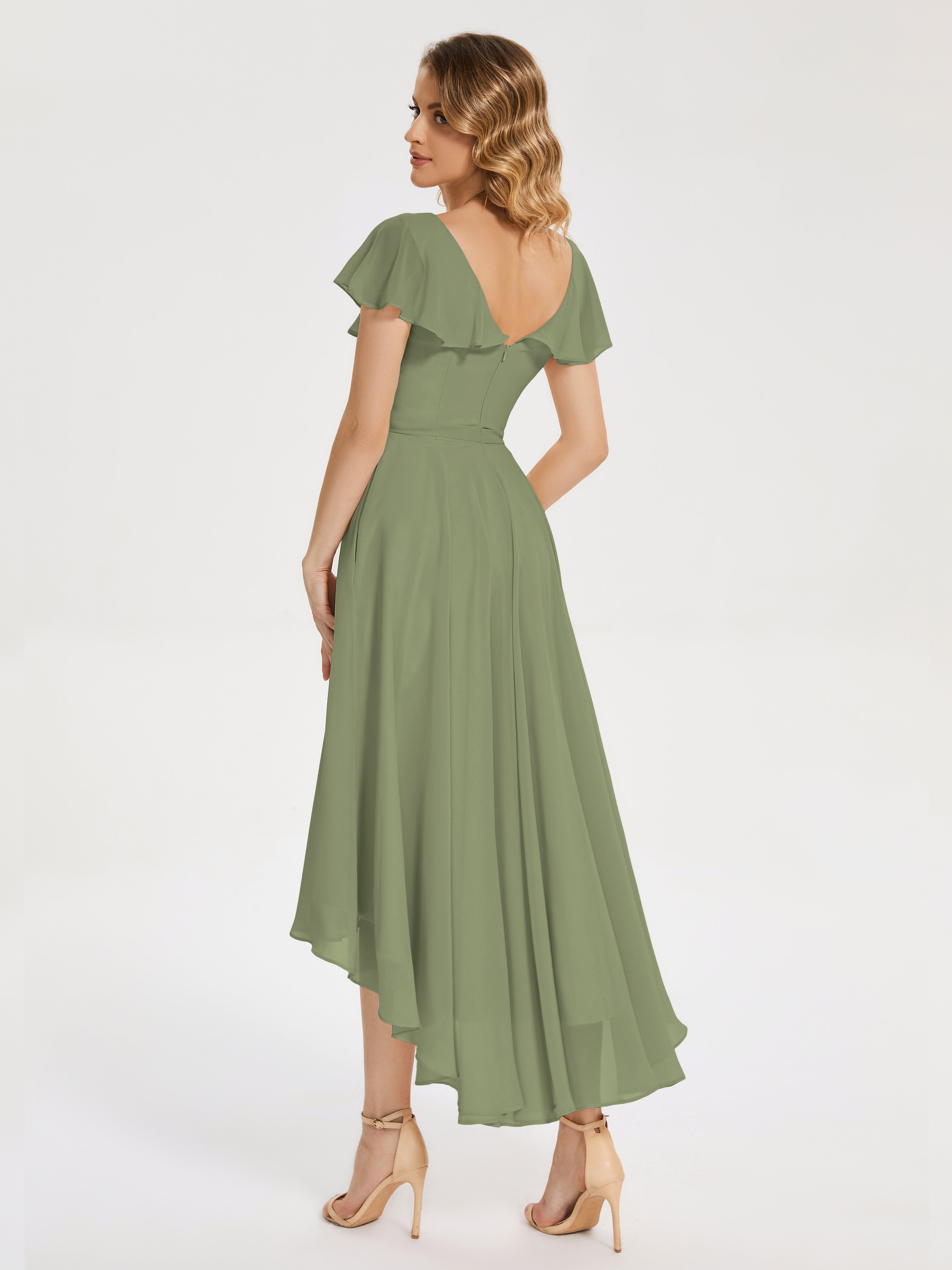 Robes De Demoiselle D'Honneur Vert Olive Clair Col V Asymétrique Robes Demoiselle D'Honneur À Volants