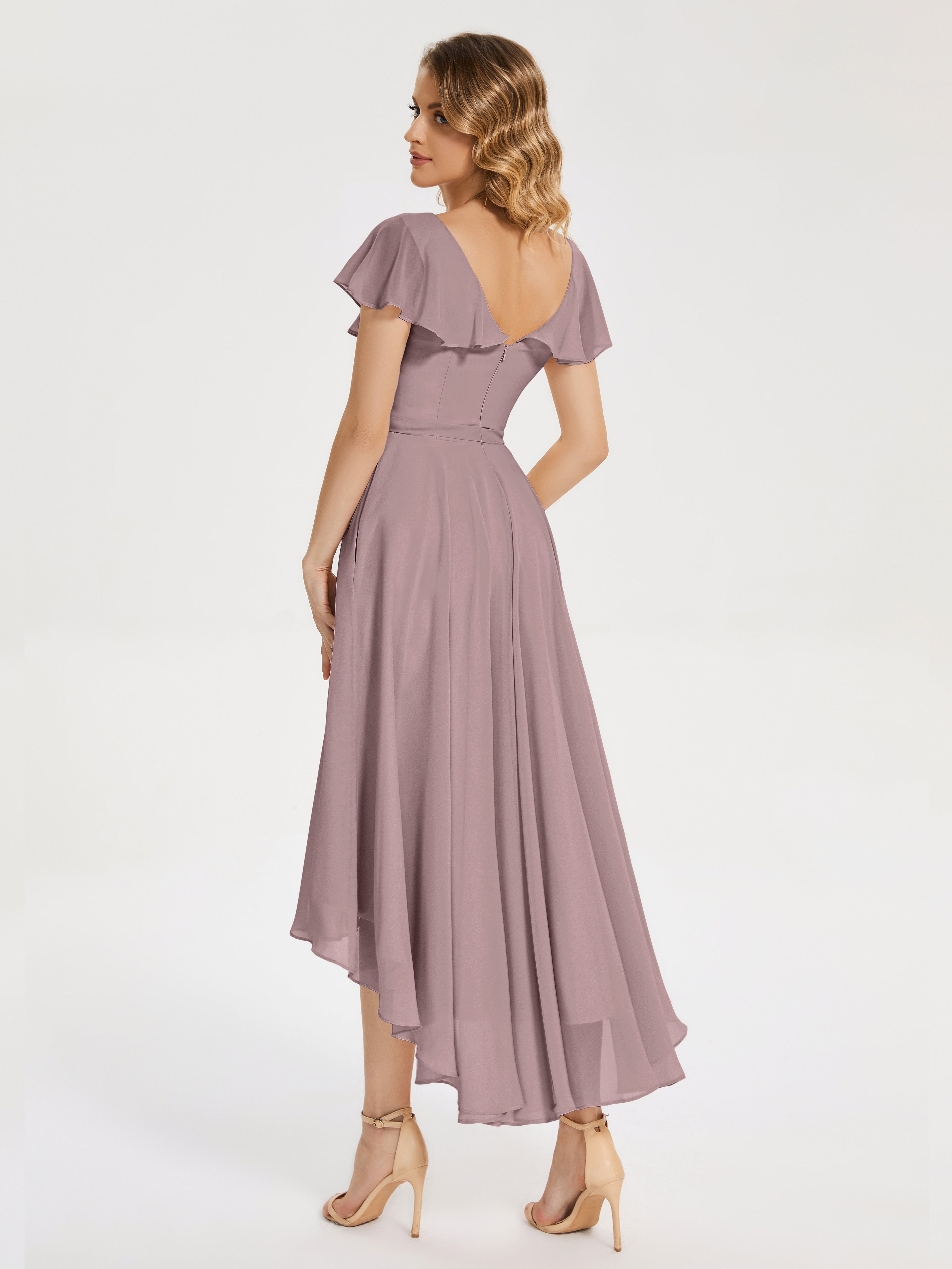 Robes De Demoiselle D'Honneur Mauve Foncé Col V Asymétrique Robes Demoiselle D'Honneur À Volants
