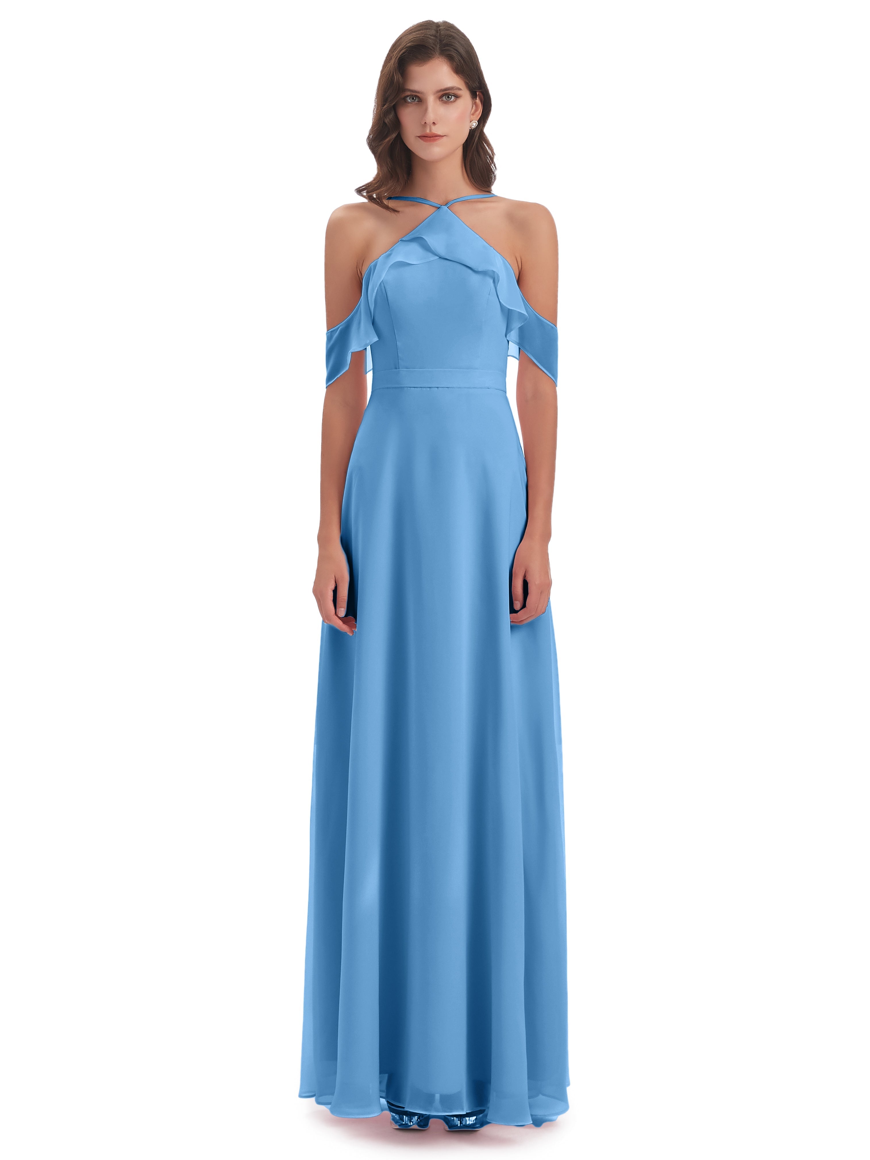 Robes De Demoiselle D'Honneur Bleues Longues Fourreau/Colonne Hors-La-Épaule Mousseline Robes Demoiselle D'Honneur