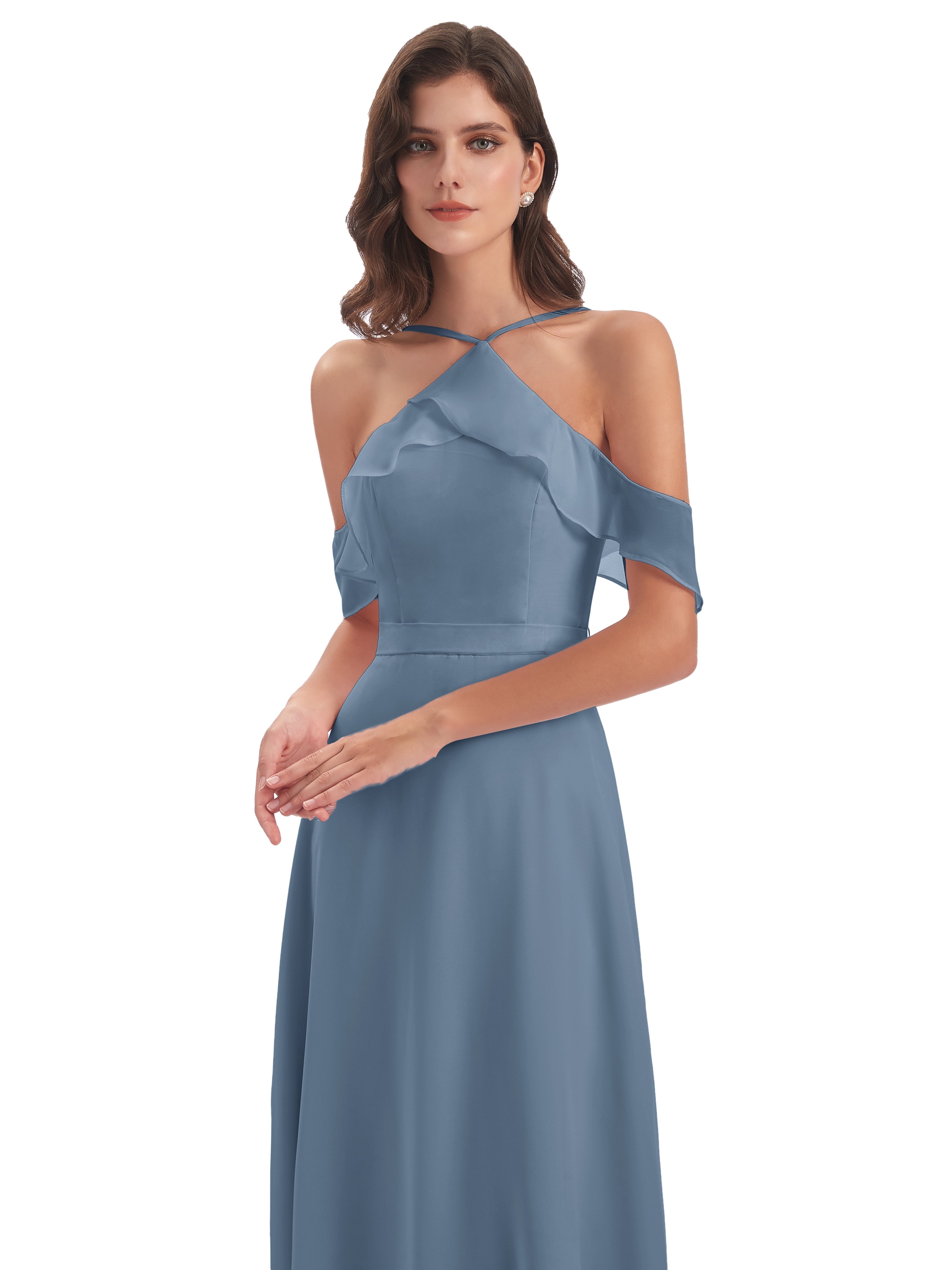 Robes De Demoiselle D'Honneur Bleu De Schiste Fourreau/Colonne Hors-La-Épaule Mousseline Robes Demoiselle D'Honneur