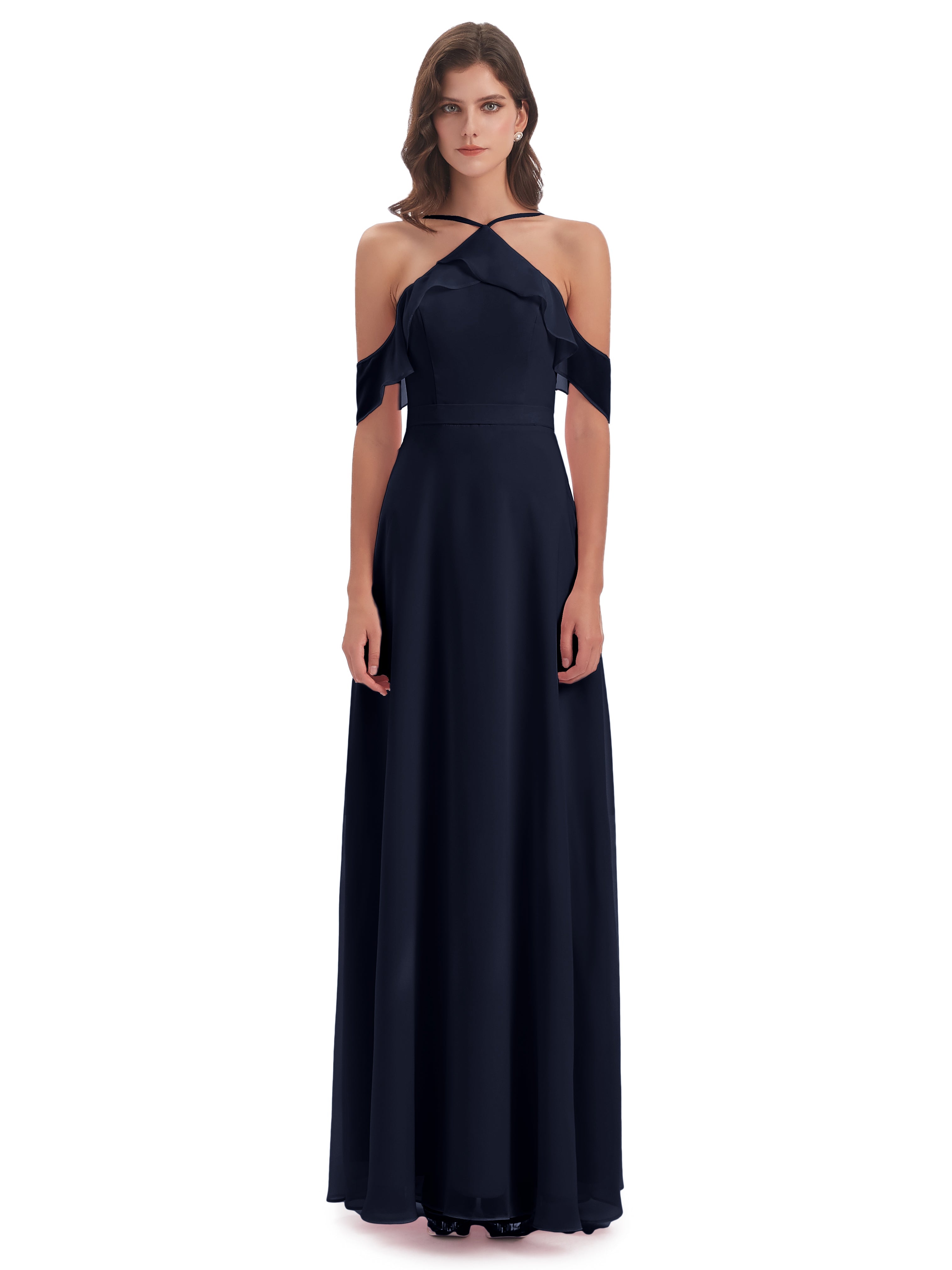 Longues Robes De Demoiselle D'Honneur Bleu Marine Fourreau/Colonne Hors-La-Épaule Mousseline Robes Demoiselle D'Honneur