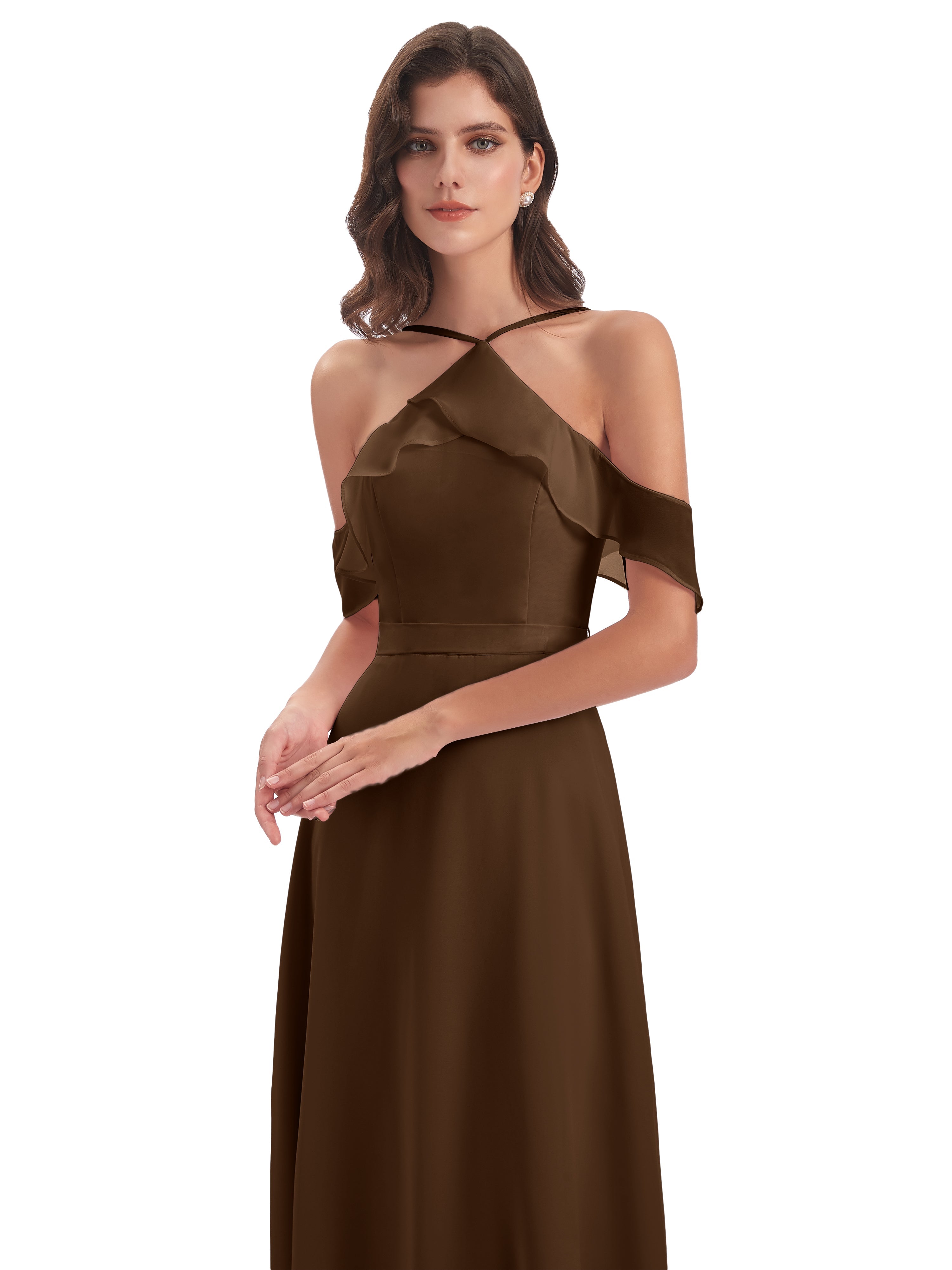 Robe Demoiselle D Honneur Brun Fourreau/Colonne Hors-La-Épaule Mousseline Robes Demoiselle D'Honneur