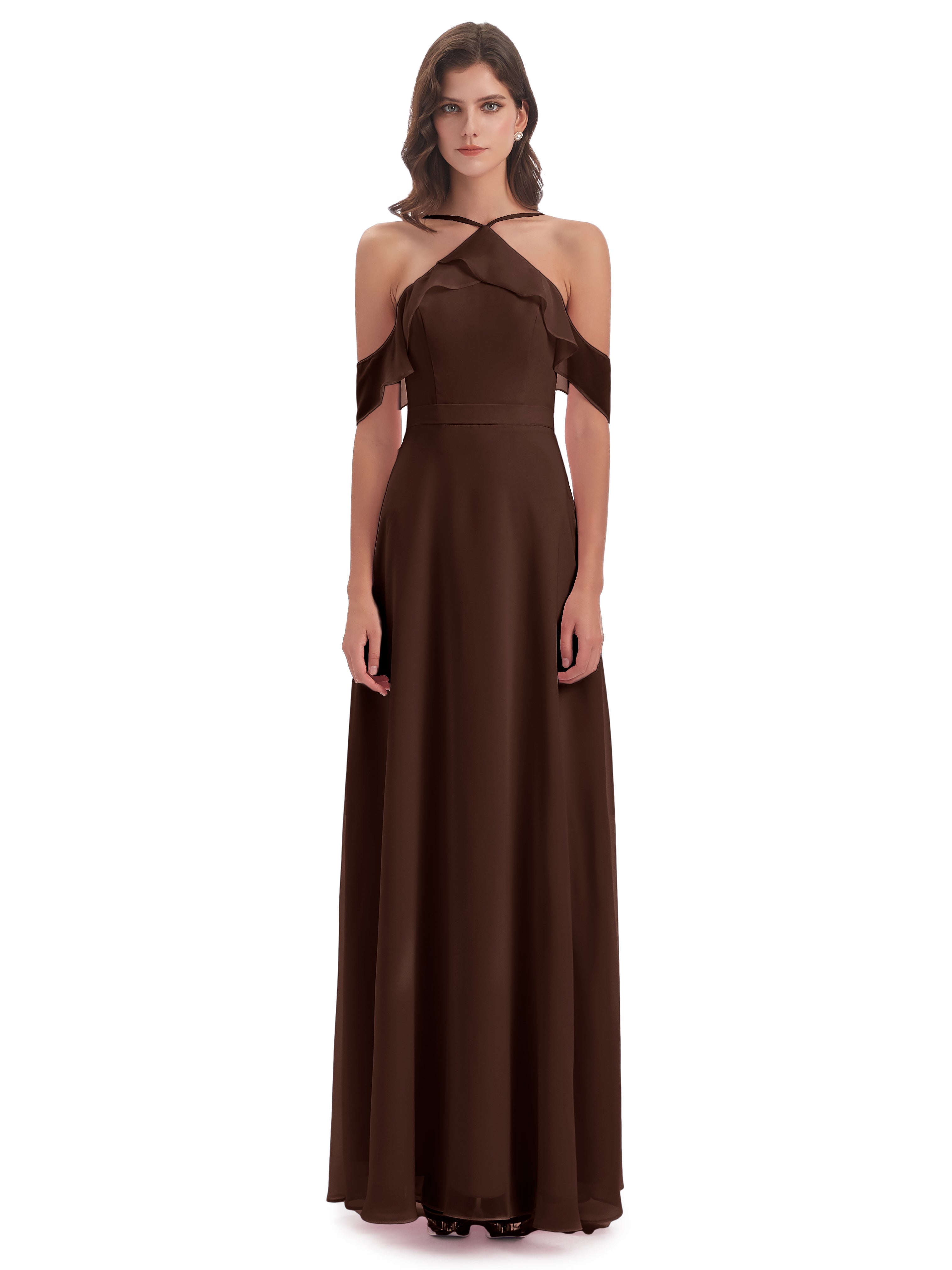 Robe De Demoiselle D Honneur Chocolat Fourreau/Colonne Hors-La-Épaule Mousseline Robes Demoiselle D'Honneur