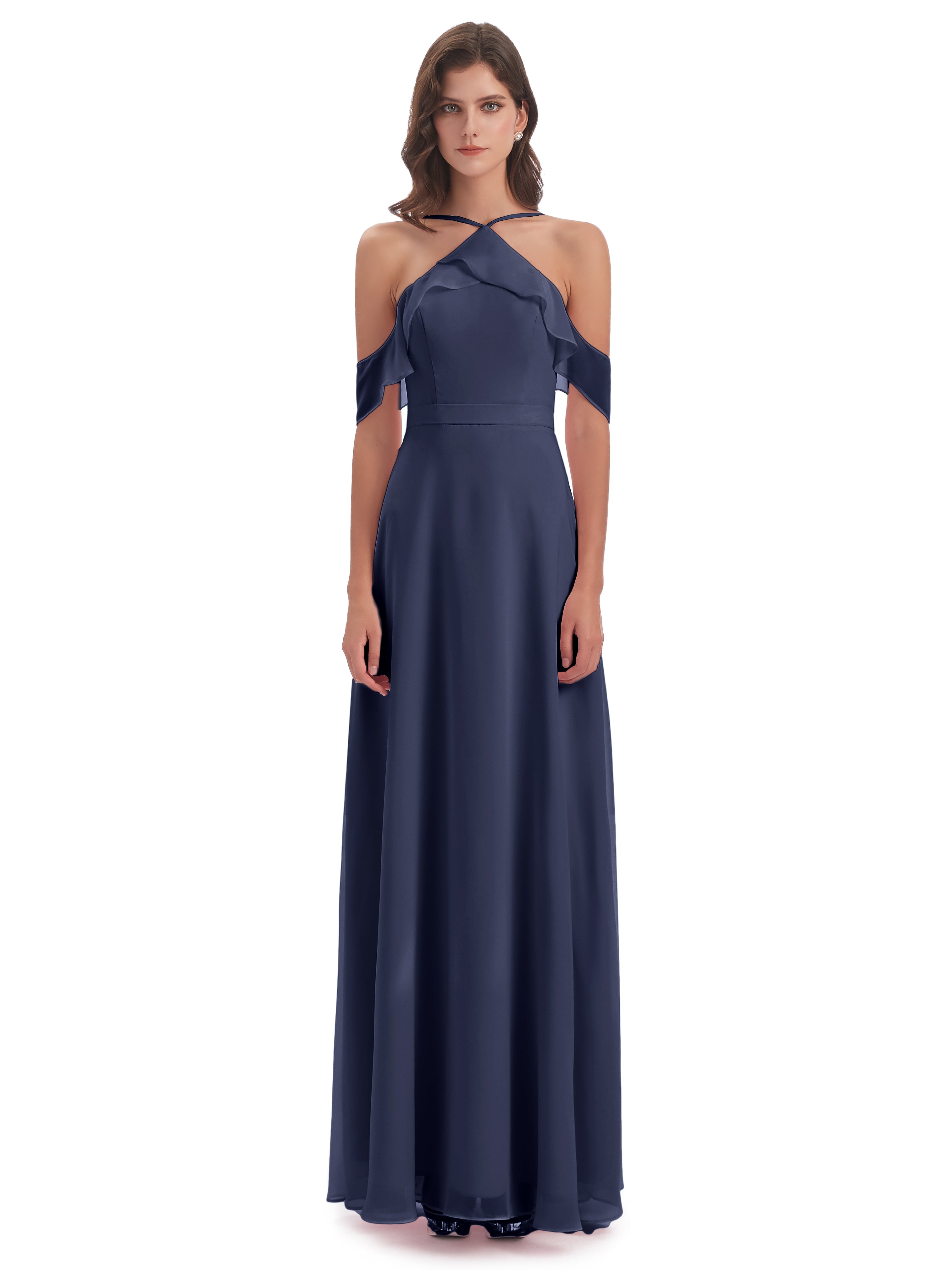 Robes De Demoiselle D'Honneur Bleu Orageux Fourreau/Colonne Hors-La-Épaule Mousseline Robes Demoiselle D'Honneur