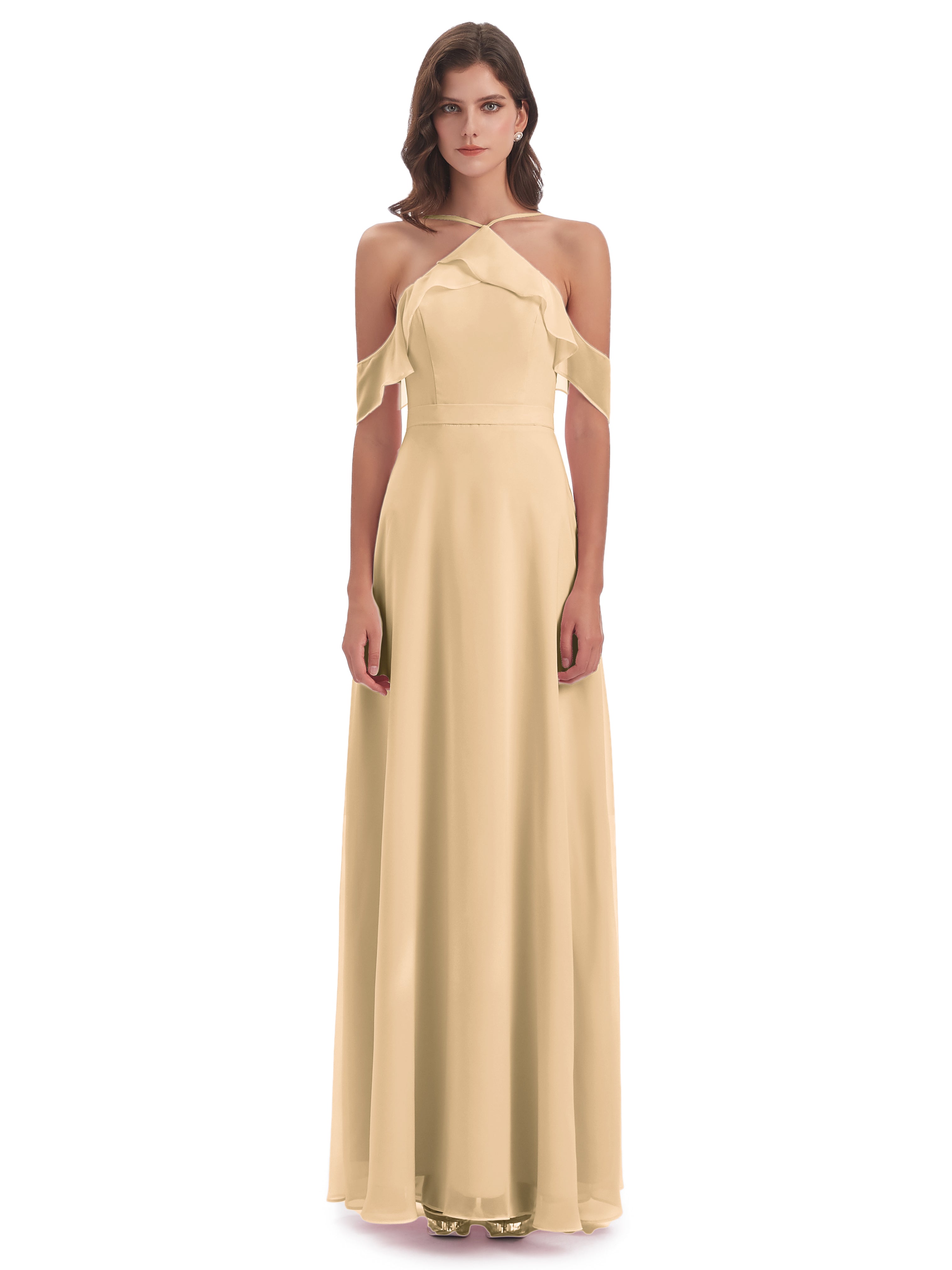 Robe Demoiselle D Honneur Pêche Fourreau/Colonne Hors-La-Épaule Mousseline Robes Demoiselle D'Honneur