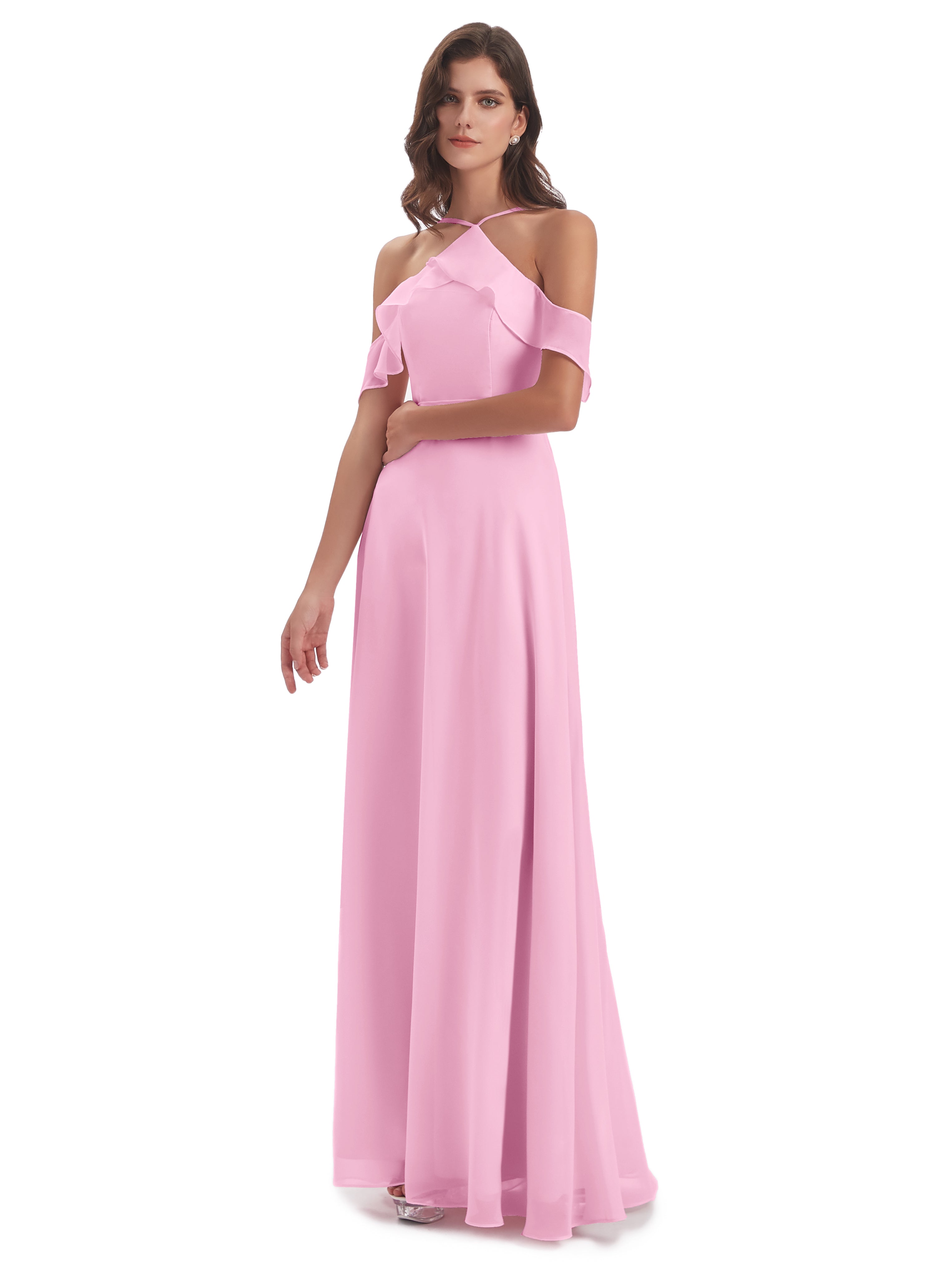 Robe Demoiselle D Honneur Rose Bonbon Fourreau/Colonne Hors-La-Épaule Mousseline Robes Demoiselle D'Honneur