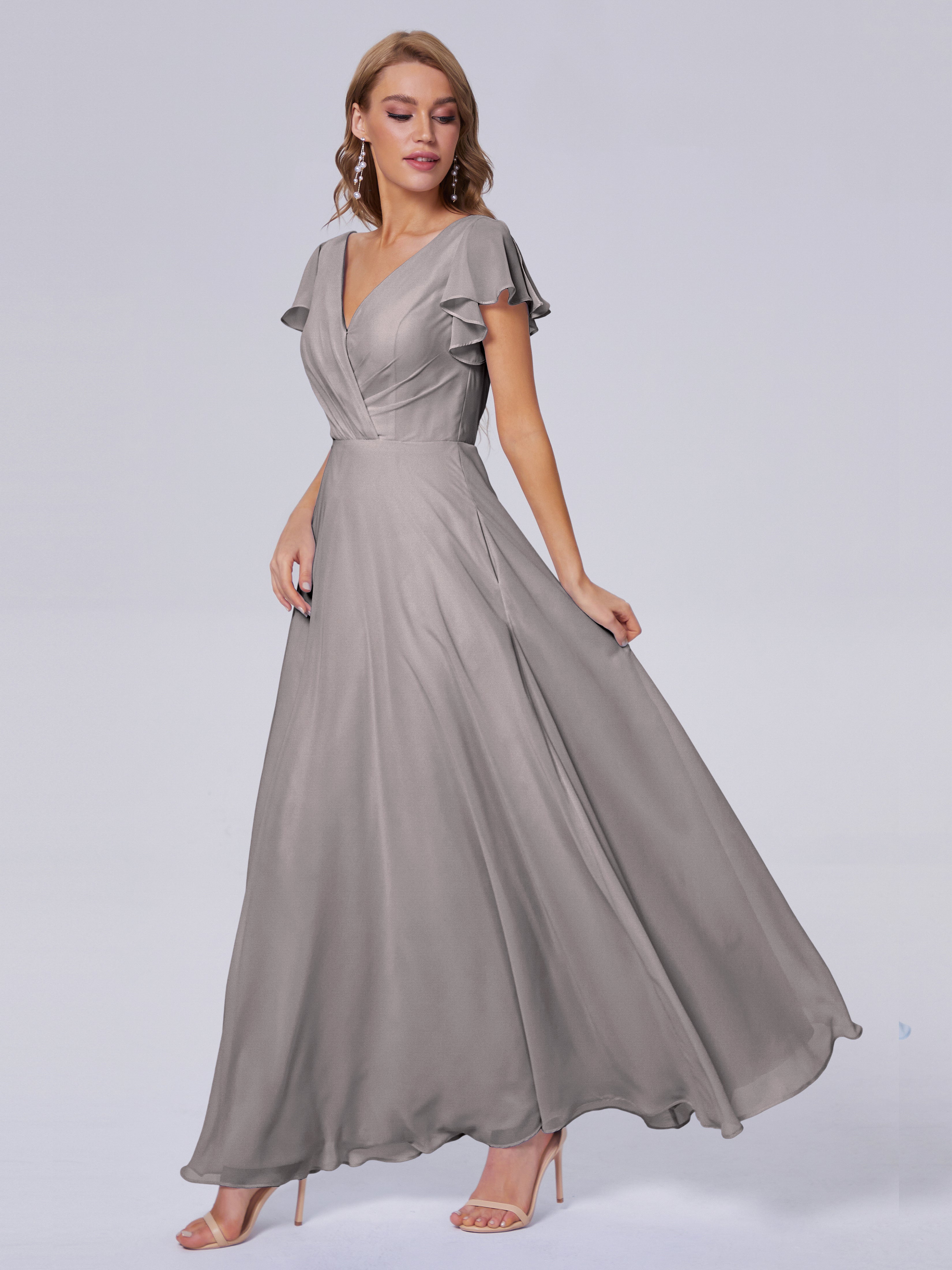 Robe Demoiselle D Honneur Argenté Col V Mousseline Robes Demoiselle D'Honneur