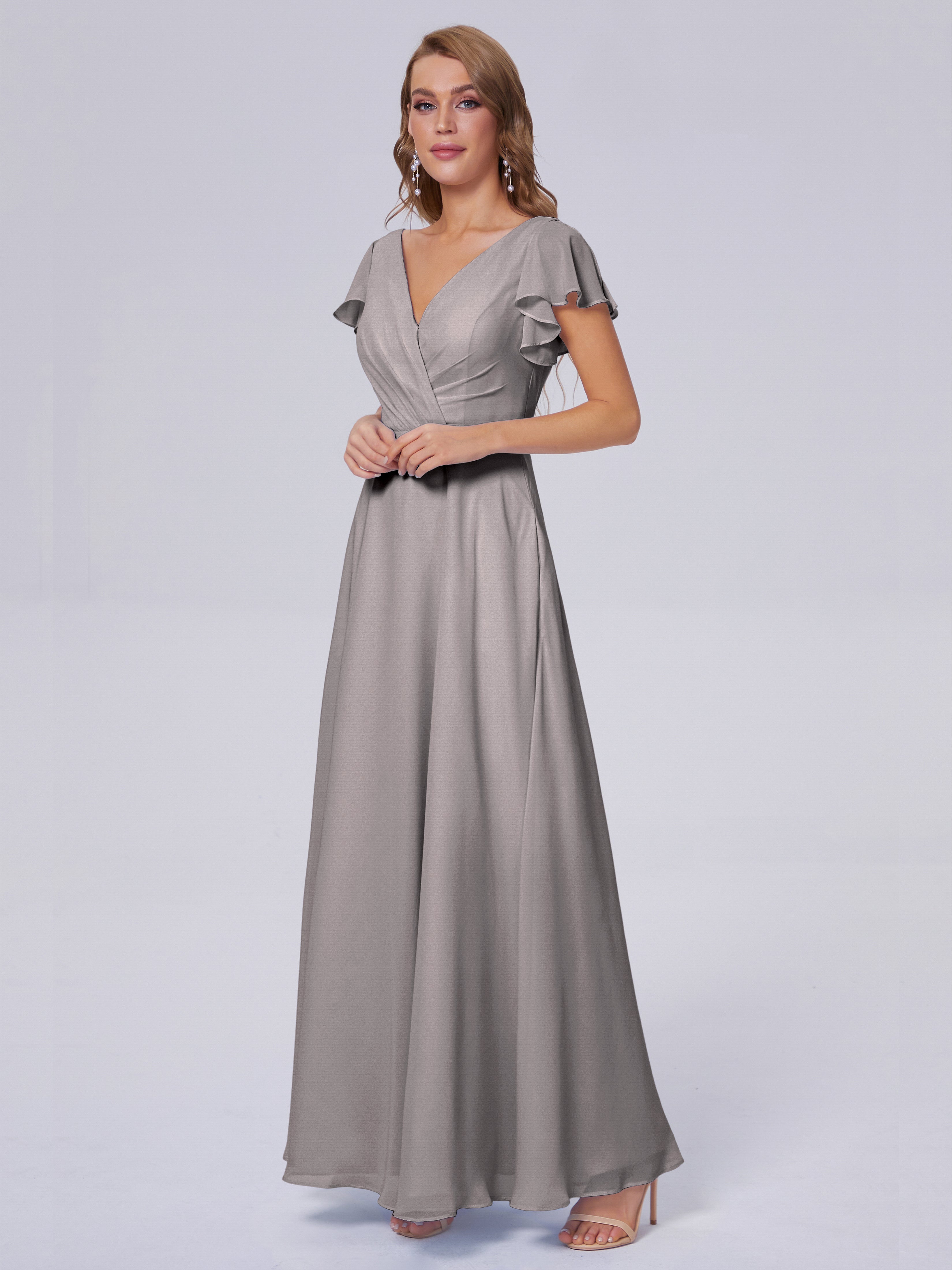 Robe Demoiselle D Honneur Argenté Col V Mousseline Robes Demoiselle D'Honneur