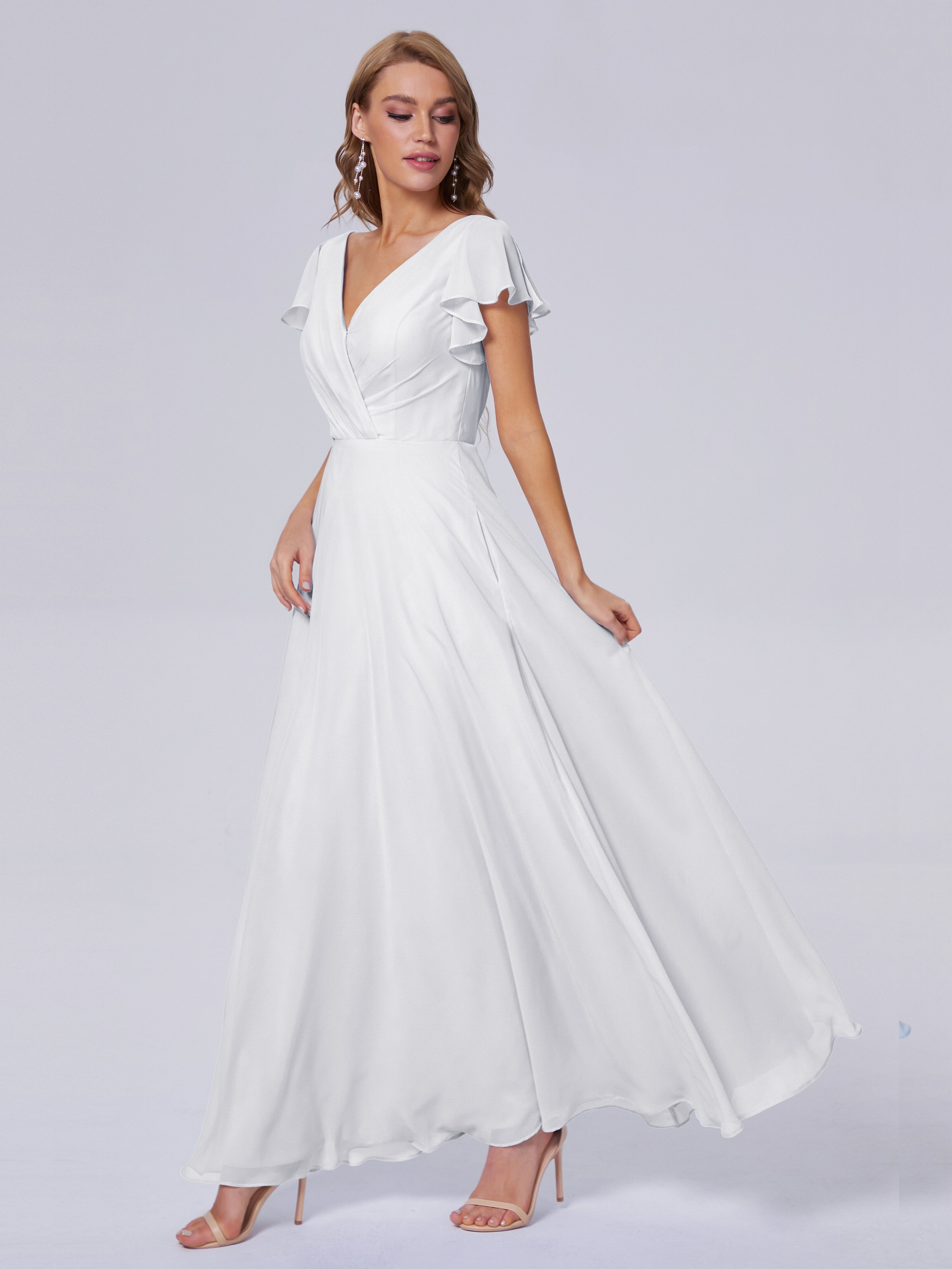 Longues Robes De Demoiselle D'Honneur Blanches Col V Mousseline Robes Demoiselle D'Honneur