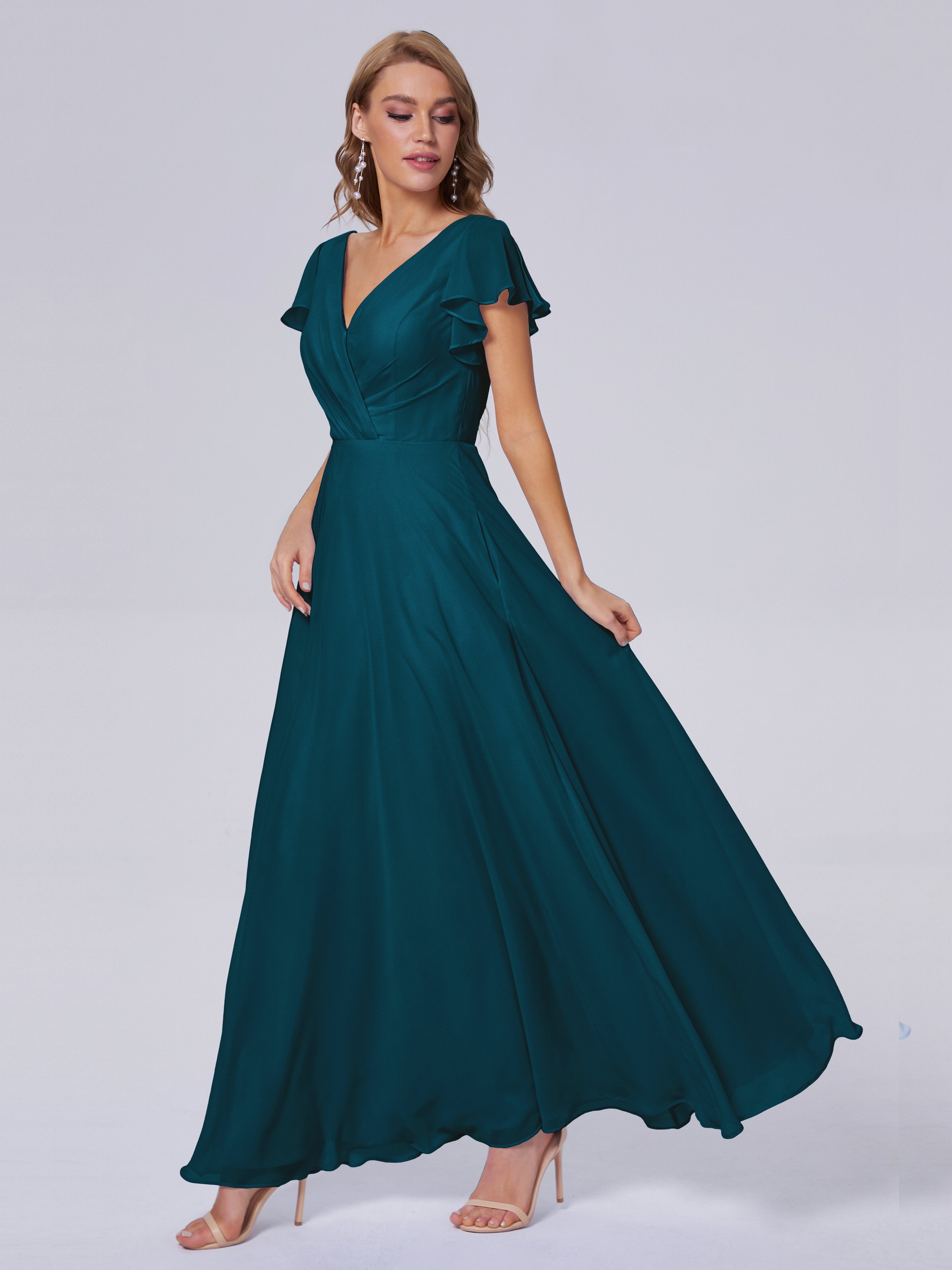 Robe De Demoiselle D'Honneur Bleu Encre Col V Mousseline Robes Demoiselle D'Honneur