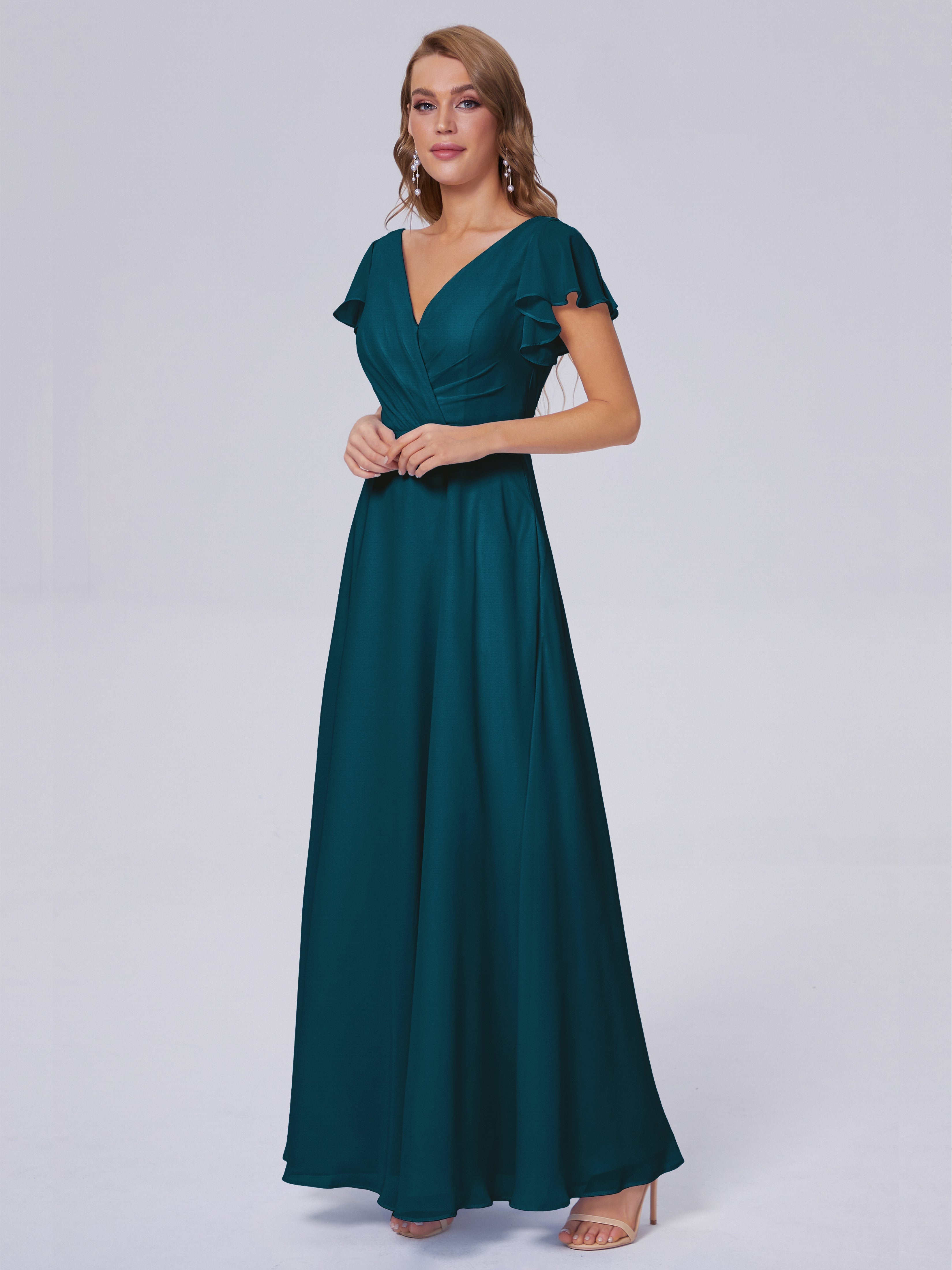 Robe De Demoiselle D'Honneur Bleu Encre Col V Mousseline Robes Demoiselle D'Honneur