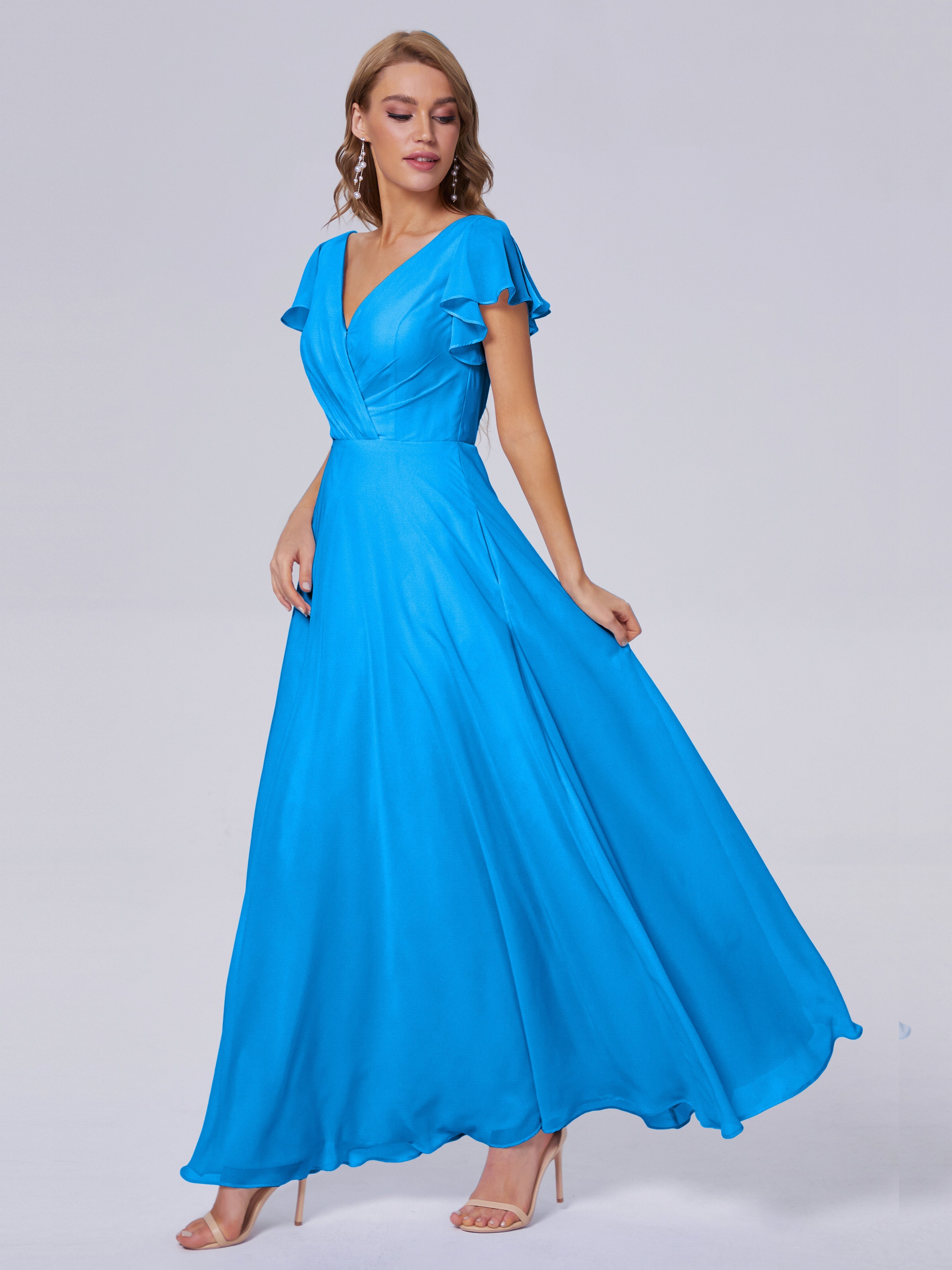 Robes De Demoiselle D'Honneur Bleu Océan Col V Mousseline Robes Demoiselle D'Honneur