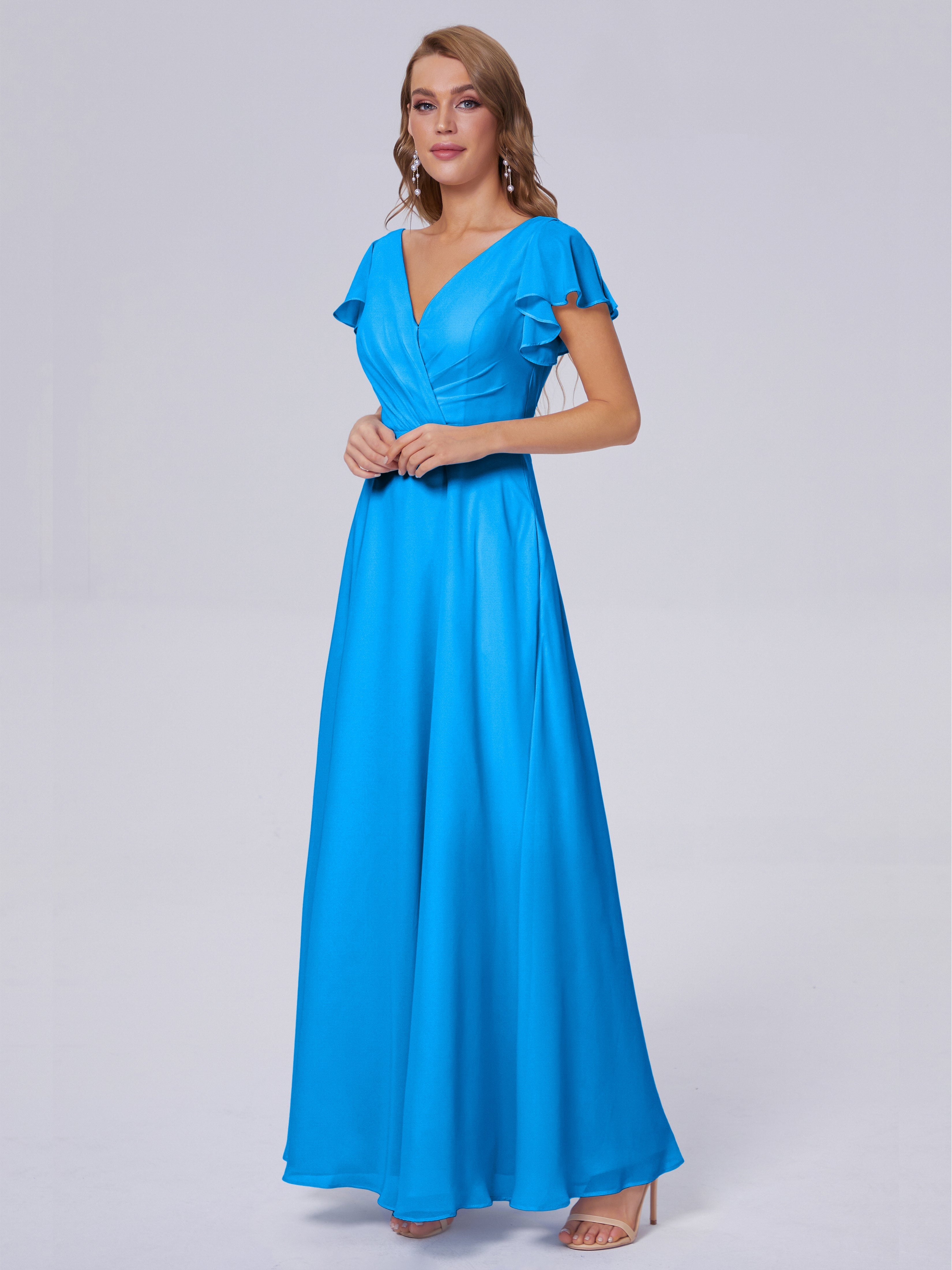 Robes De Demoiselle D'Honneur Bleu Océan Col V Mousseline Robes Demoiselle D'Honneur