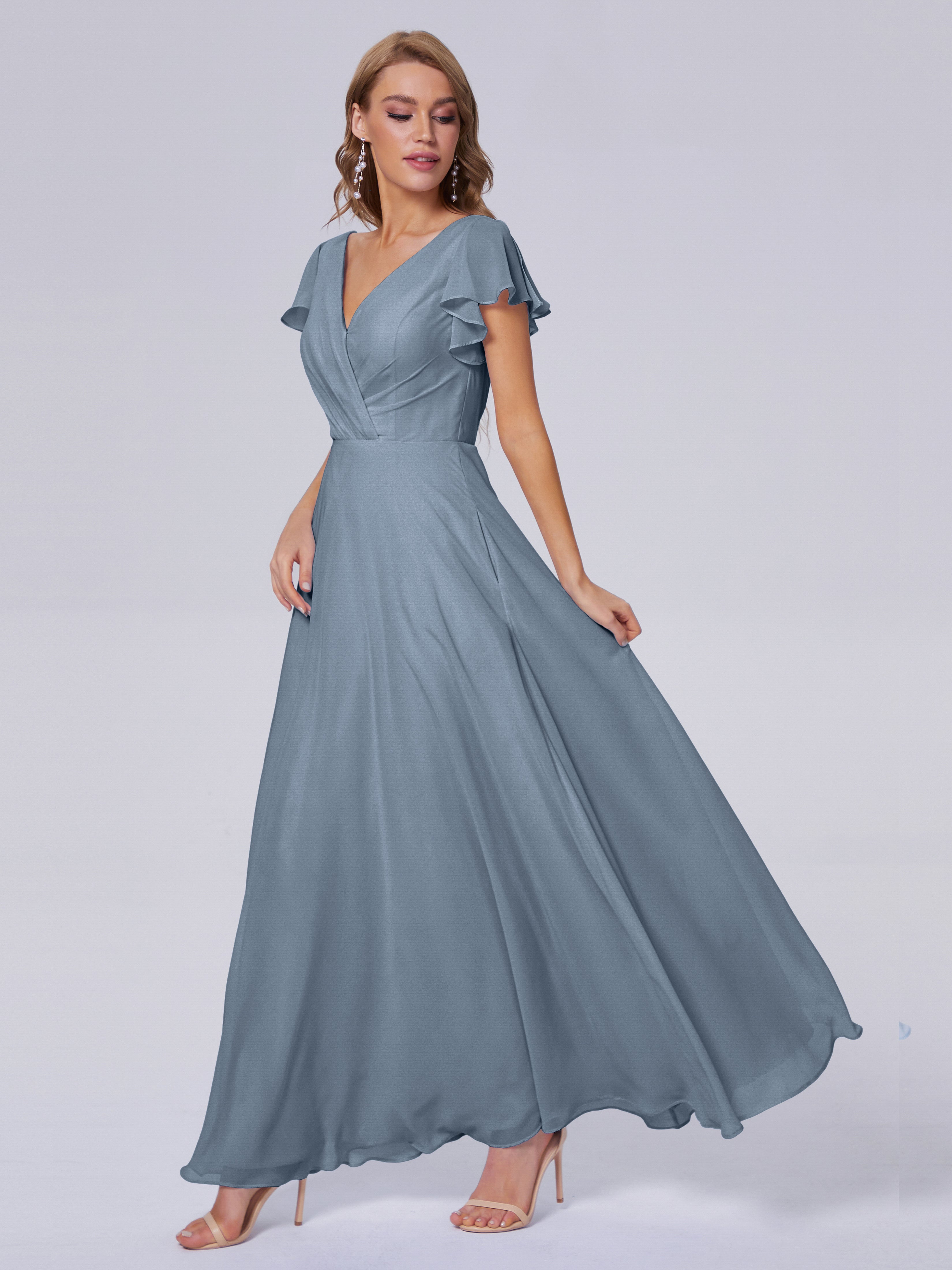 Robes De Demoiselle D'Honneur Bleu Poudre Col V Mousseline Robes Demoiselle D'Honneur