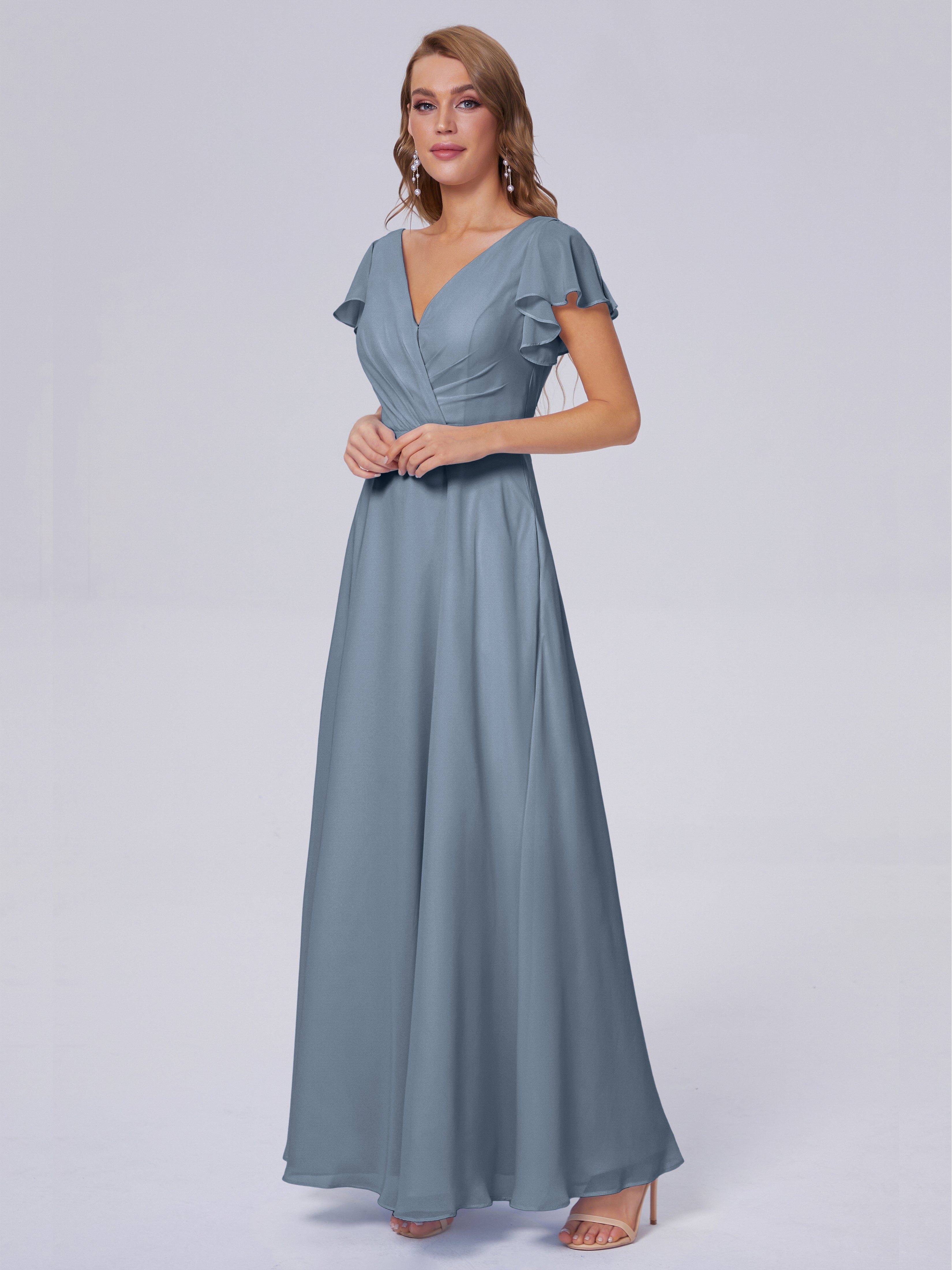 Robes De Demoiselle D'Honneur Bleu Poudre Col V Mousseline Robes Demoiselle D'Honneur