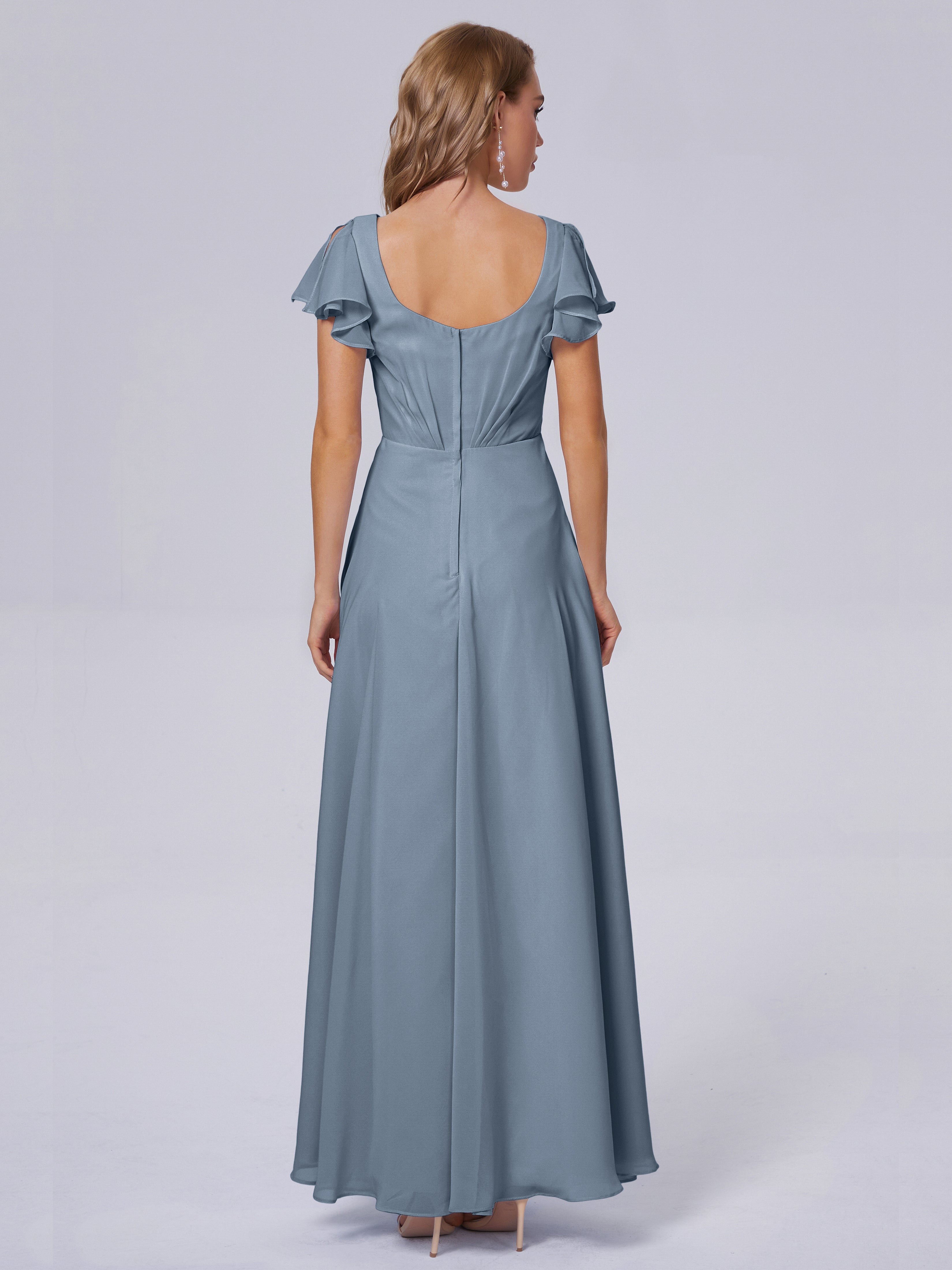 Robes De Demoiselle D'Honneur Bleu Poudre Col V Mousseline Robes Demoiselle D'Honneur