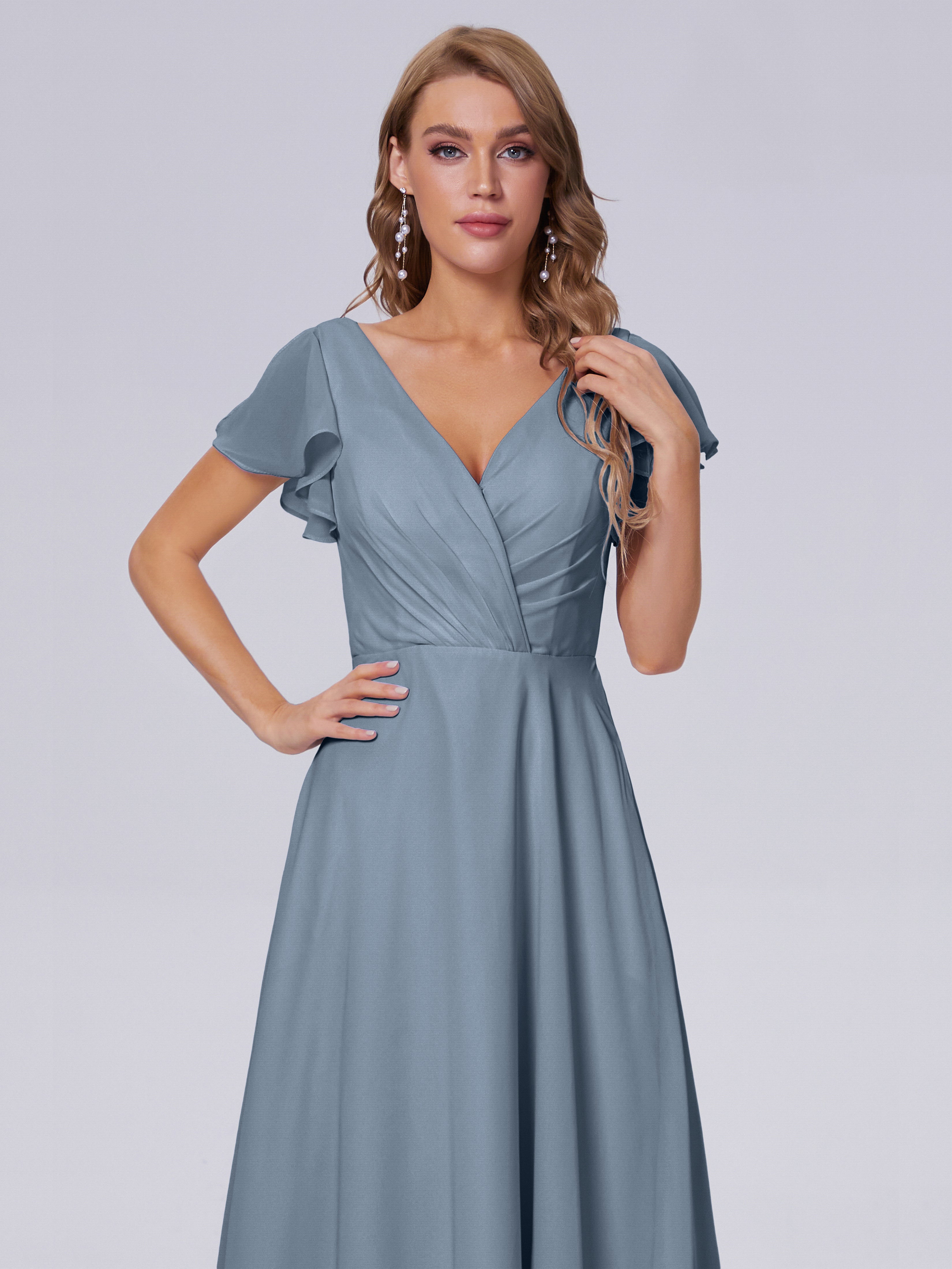 Robes De Demoiselle D'Honneur Bleu Poudre Col V Mousseline Robes Demoiselle D'Honneur