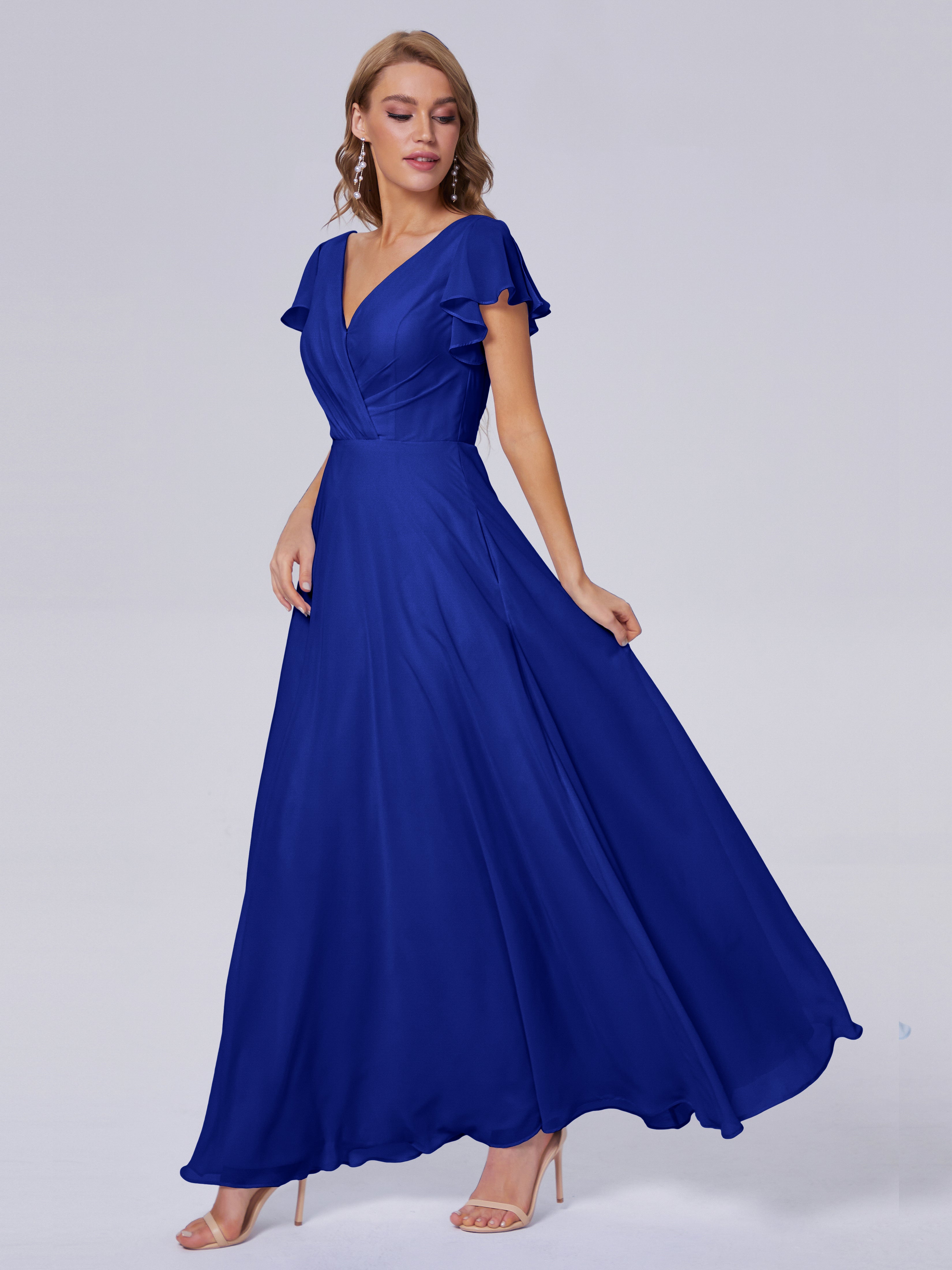 Robes De Demoiselle D'Honneur Bleu Royal Col V Mousseline Robes Demoiselle D'Honneur