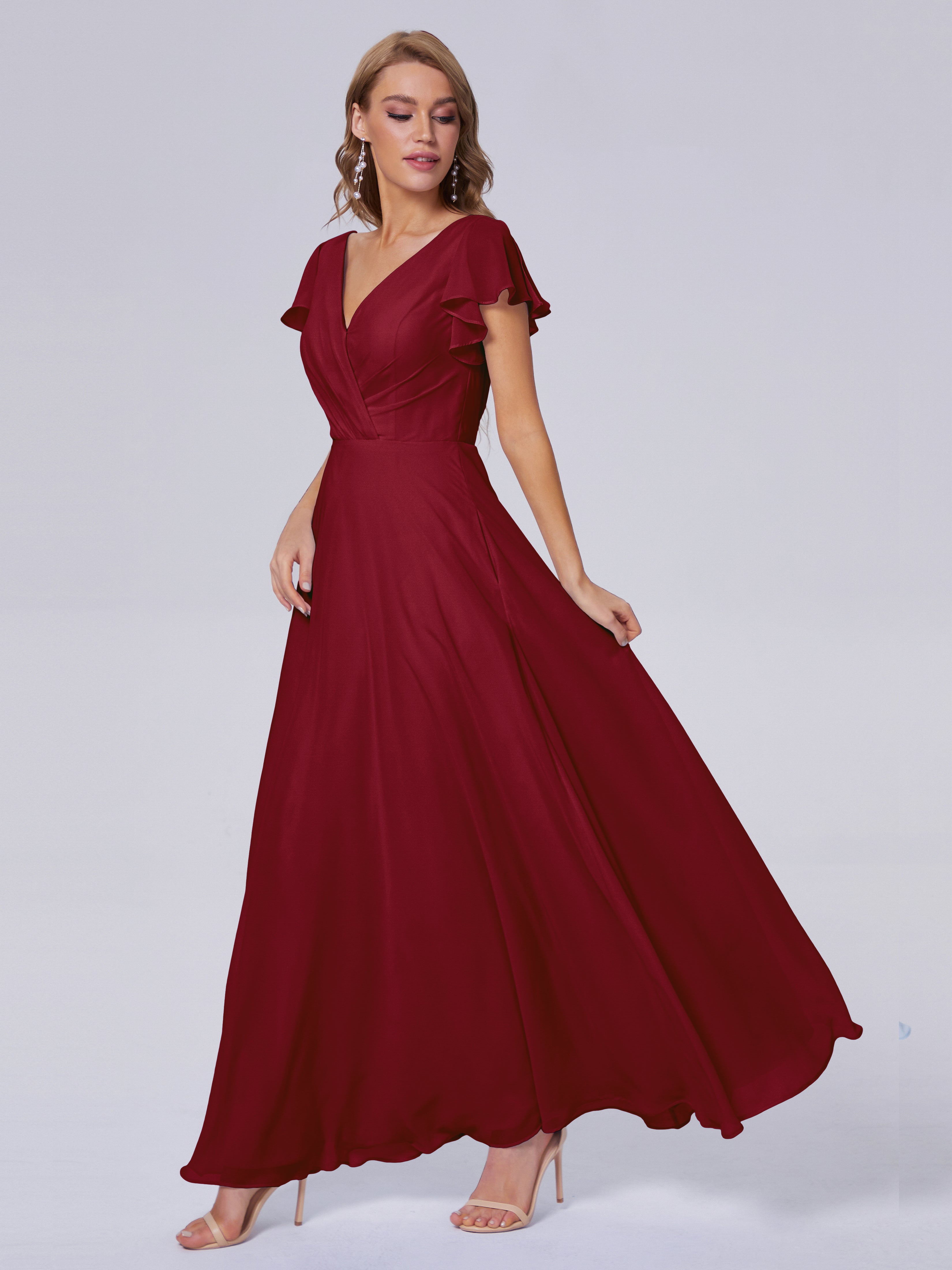 Robes De Demoiselle D'Honneur Bordeaux Longues Col V Mousseline Robes Demoiselle D'Honneur