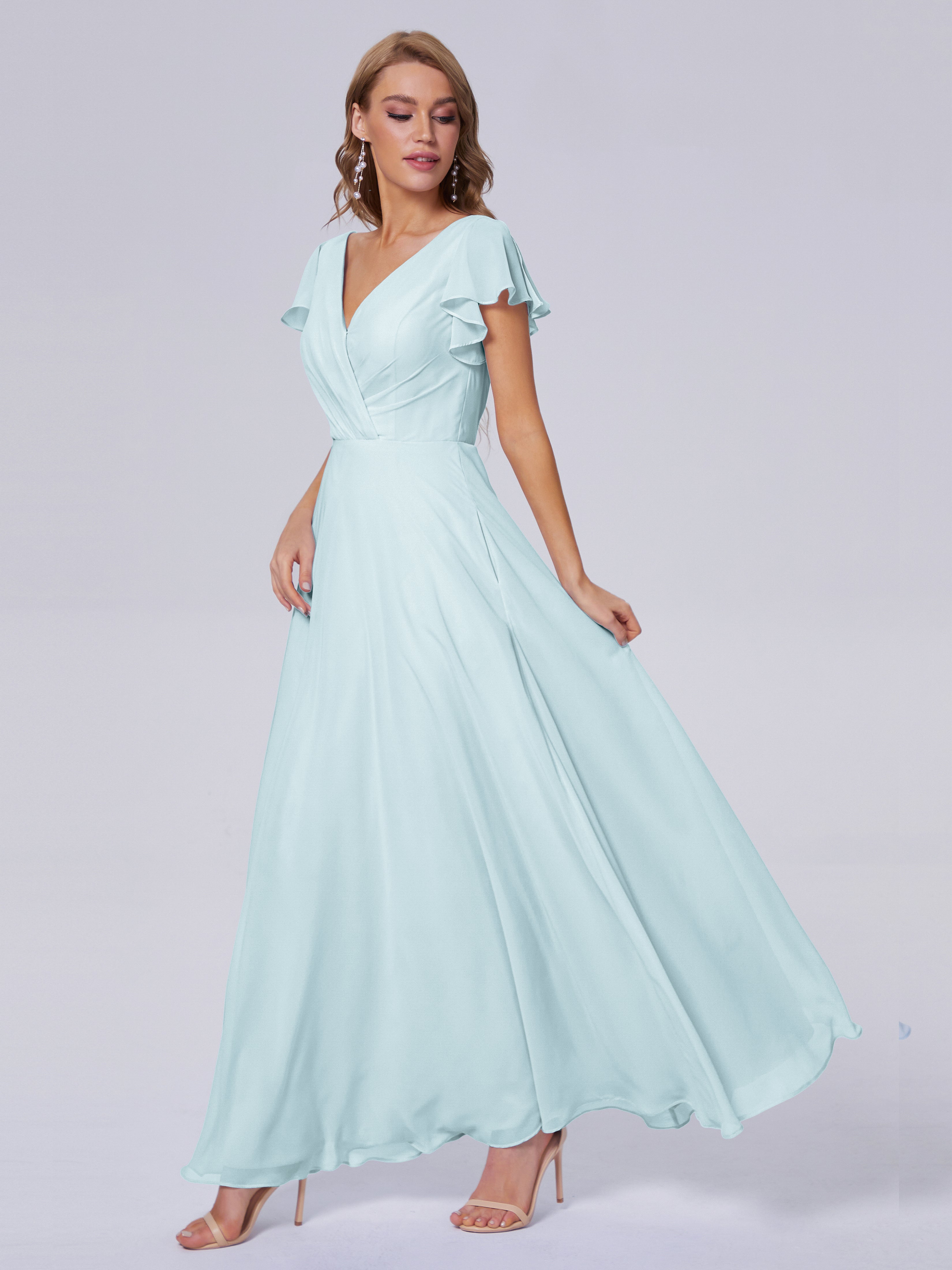 Robe De Demoiselle D'Honneur Brume Col V Mousseline Robes Demoiselle D'Honneur