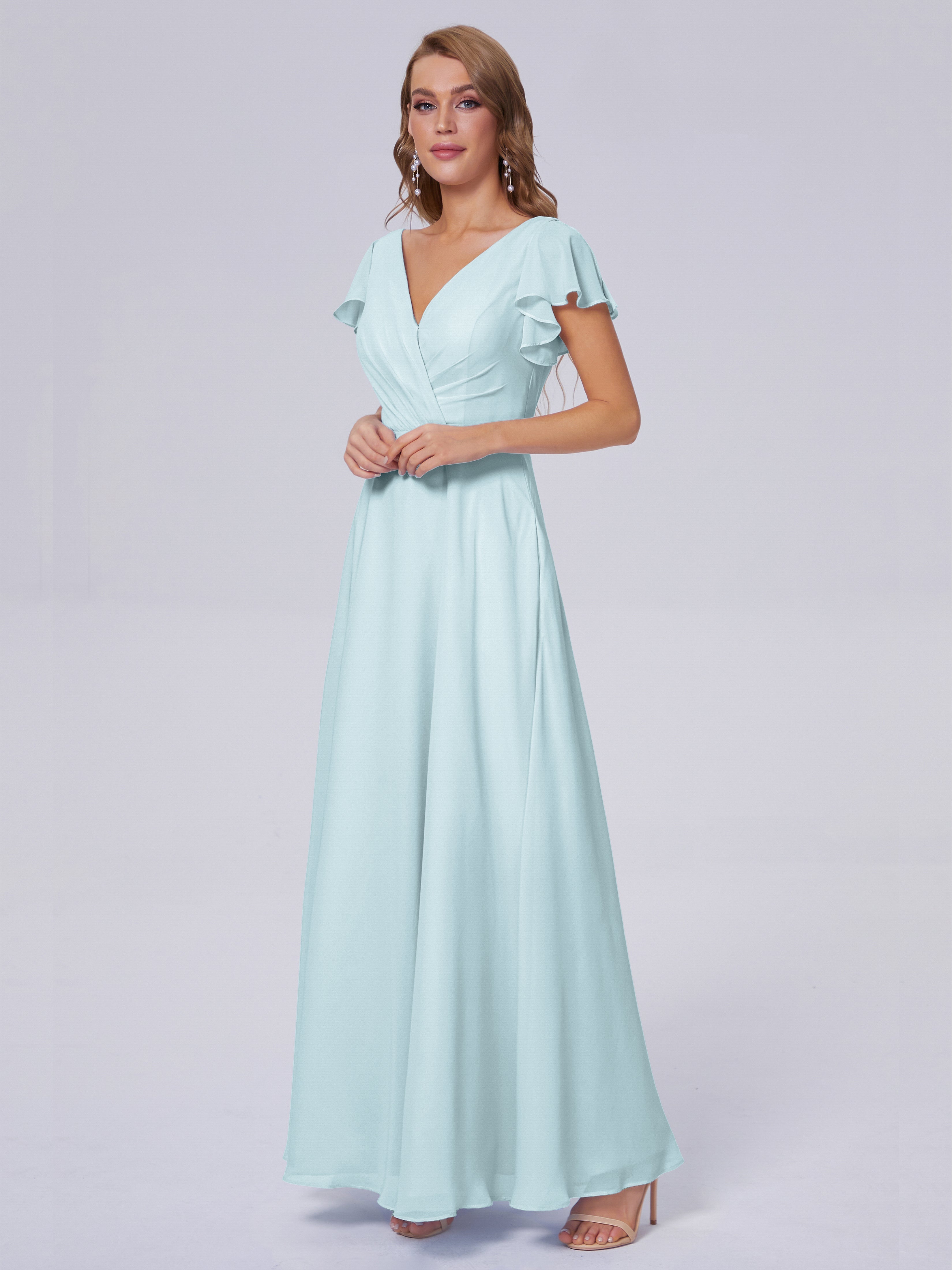 Robe De Demoiselle D'Honneur Brume Col V Mousseline Robes Demoiselle D'Honneur