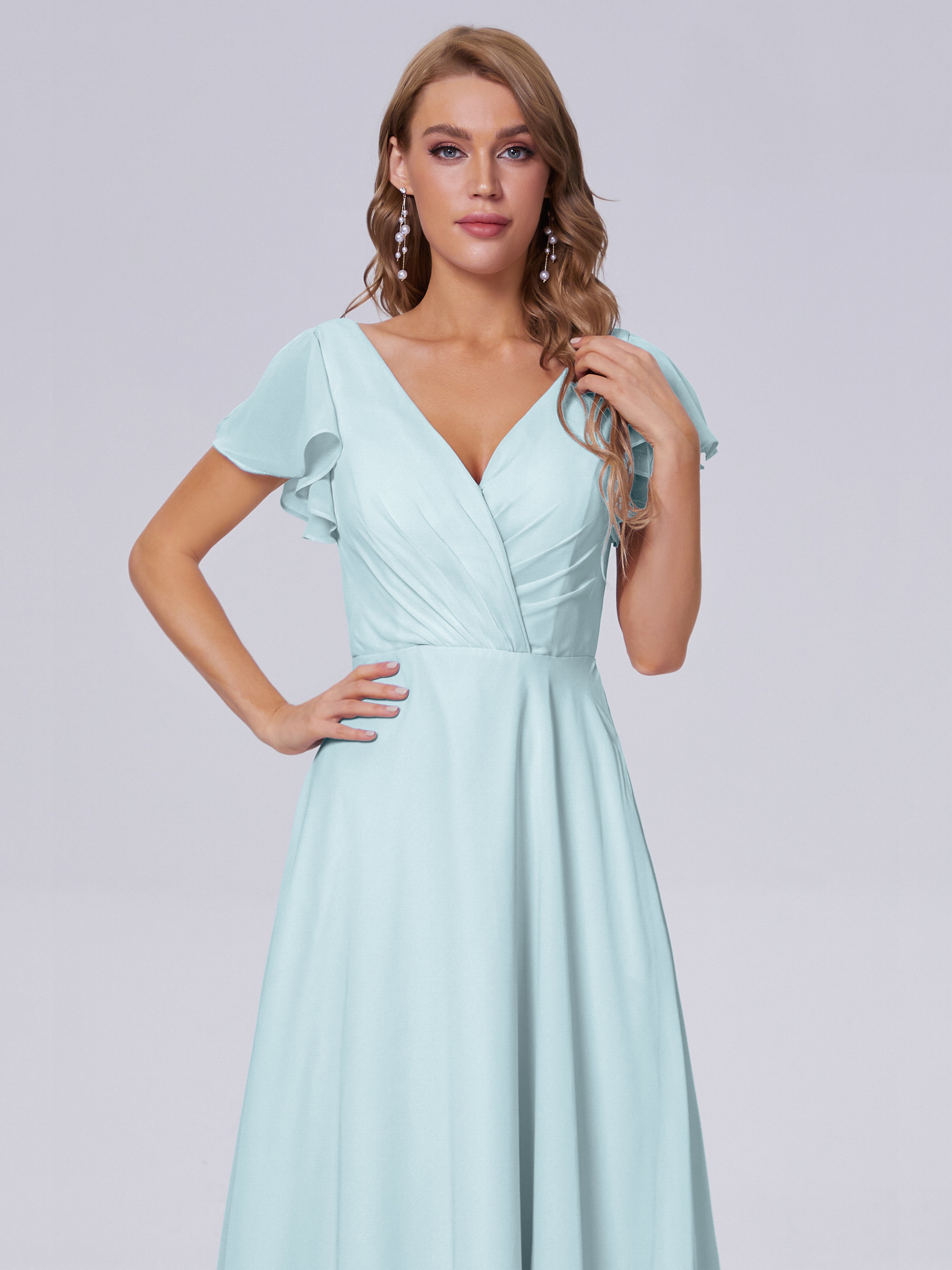 Robe De Demoiselle D'Honneur Brume Col V Mousseline Robes Demoiselle D'Honneur