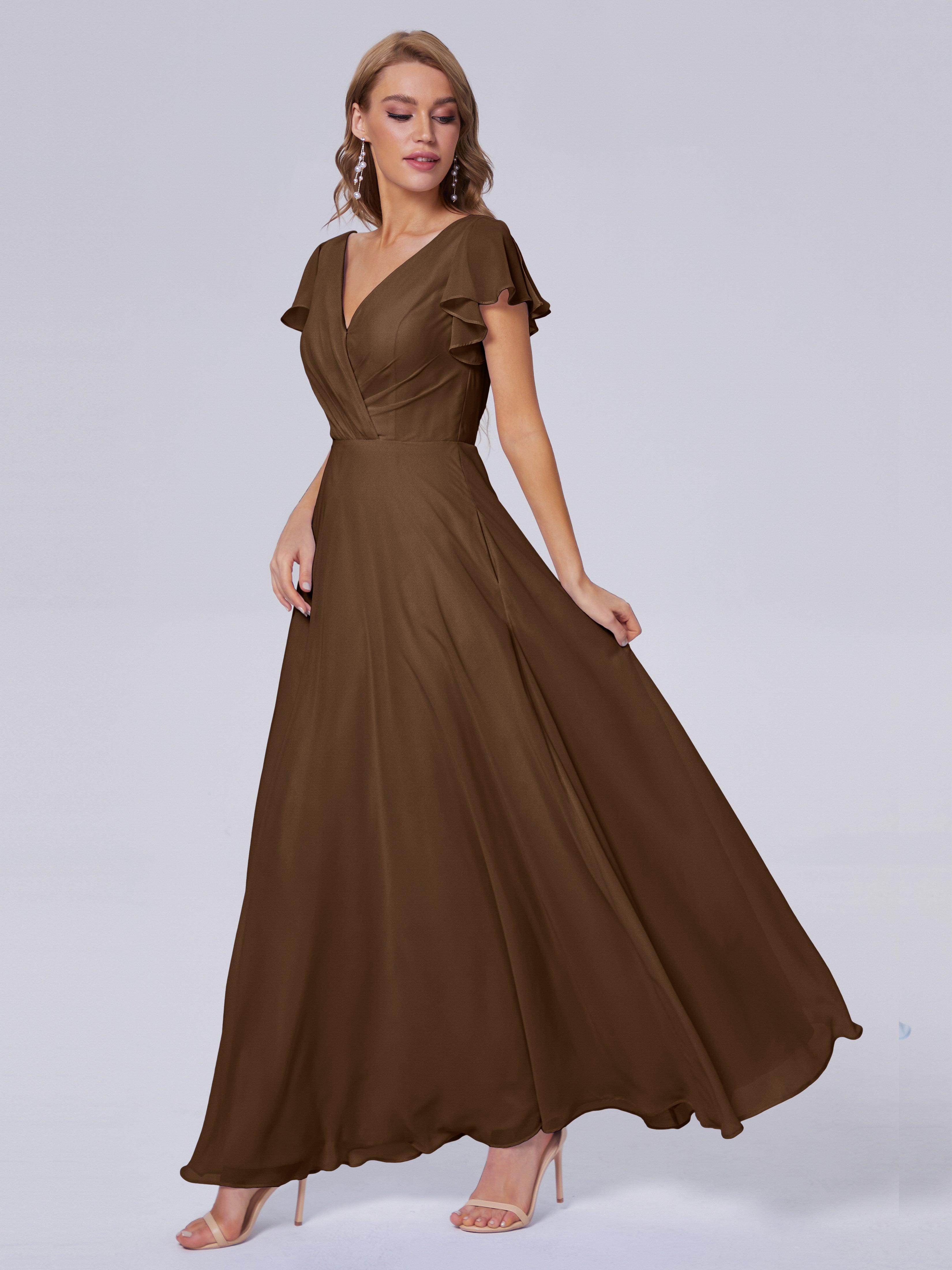 Robes De Demoiselle D'Honneur Brun Col V Mousseline Robes Demoiselle D'Honneur