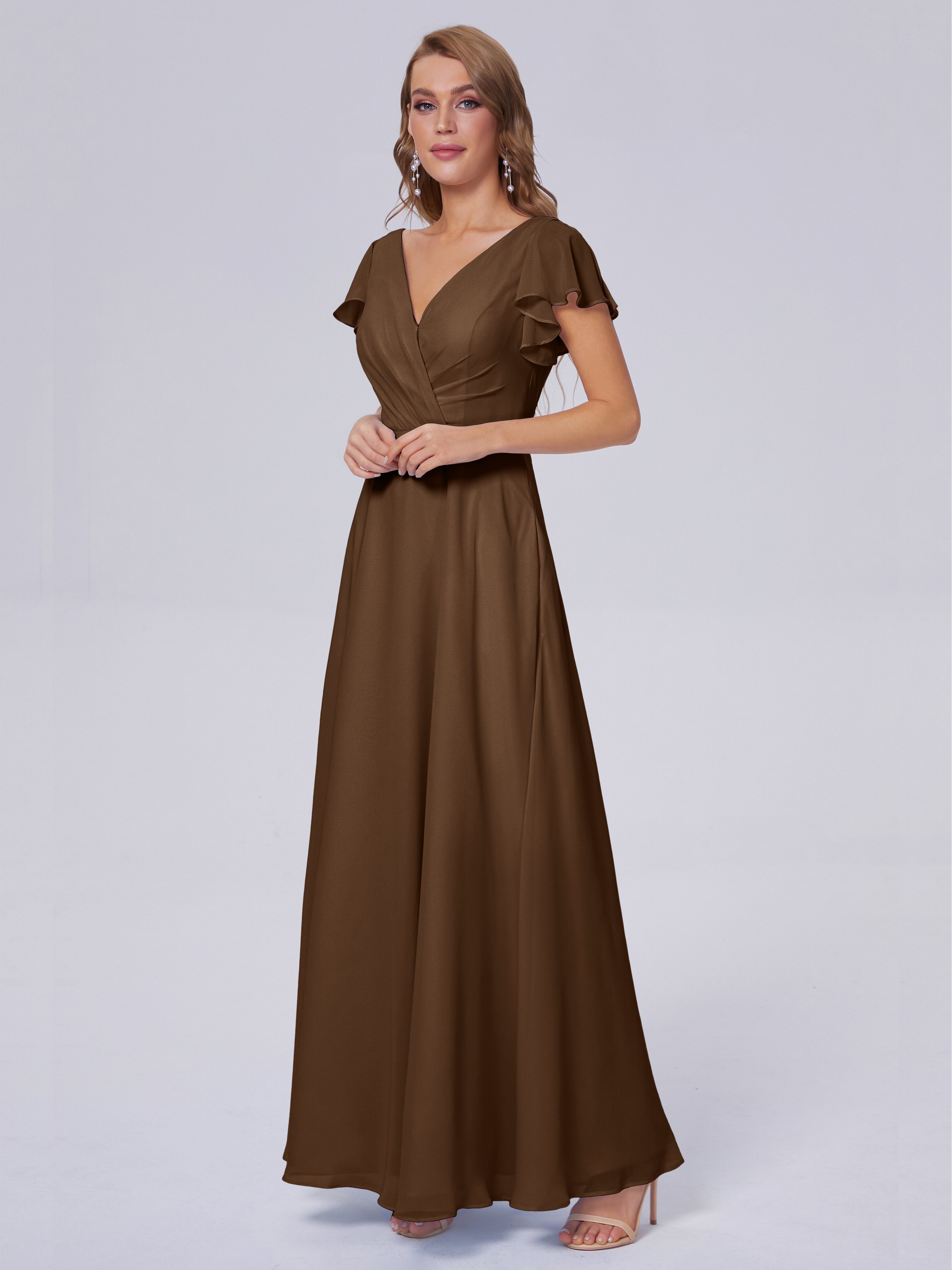 Robes De Demoiselle D'Honneur Brun Col V Mousseline Robes Demoiselle D'Honneur