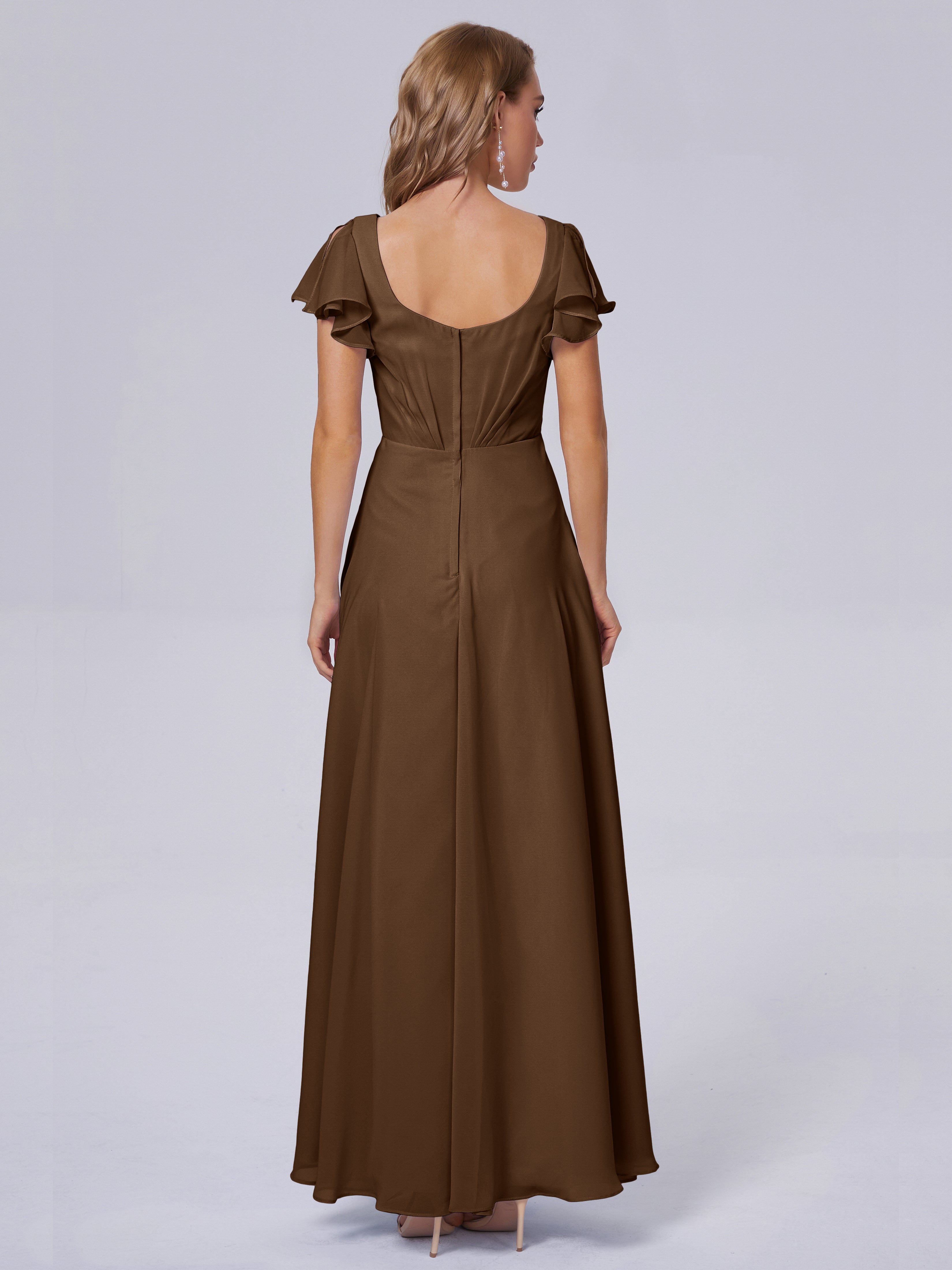 Robes De Demoiselle D'Honneur Brun Col V Mousseline Robes Demoiselle D'Honneur