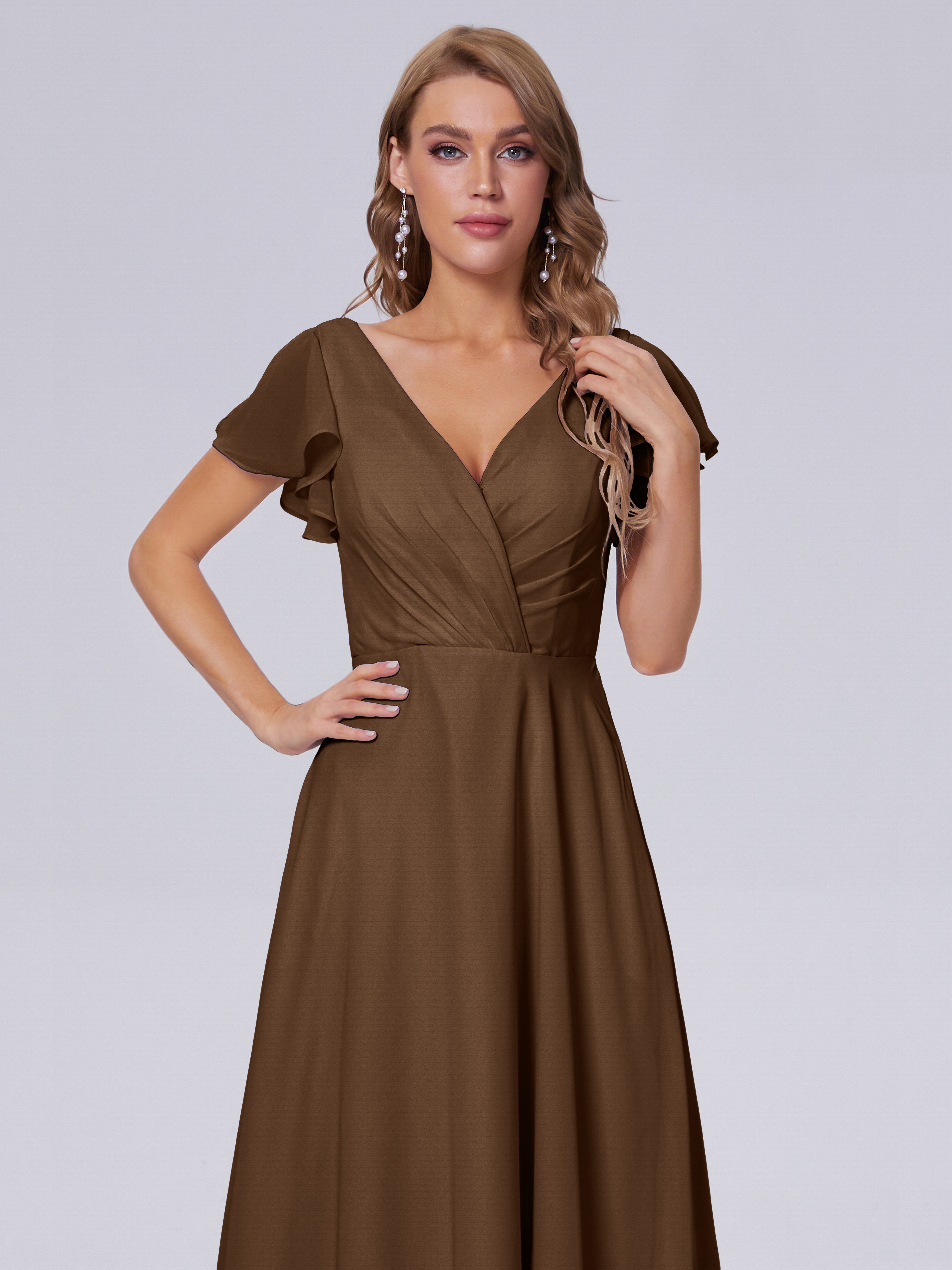 Robes De Demoiselle D'Honneur Brun Col V Mousseline Robes Demoiselle D'Honneur
