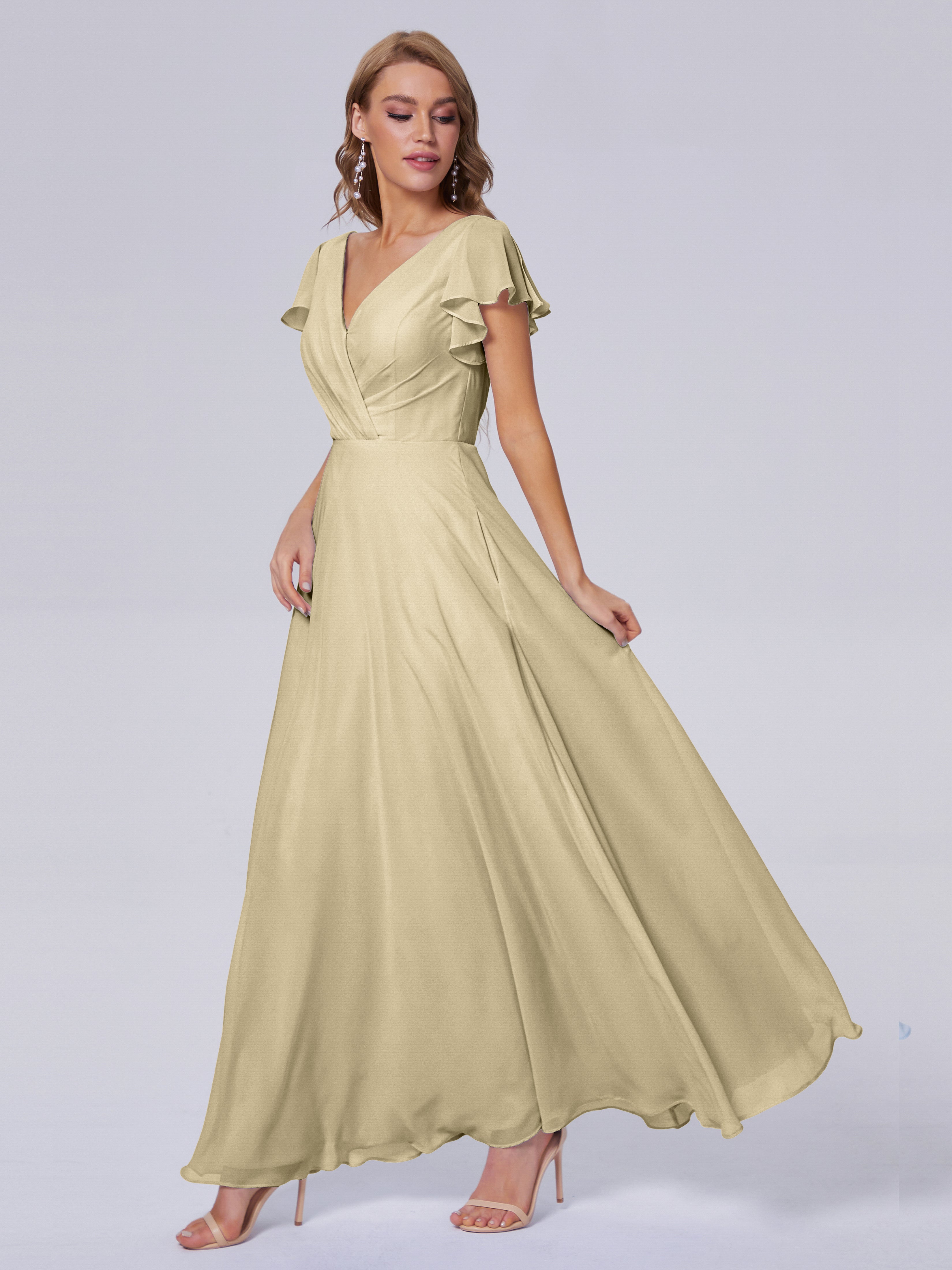 Robe Demoiselle D Honneur Champagne Col V Mousseline Robes Demoiselle D'Honneur