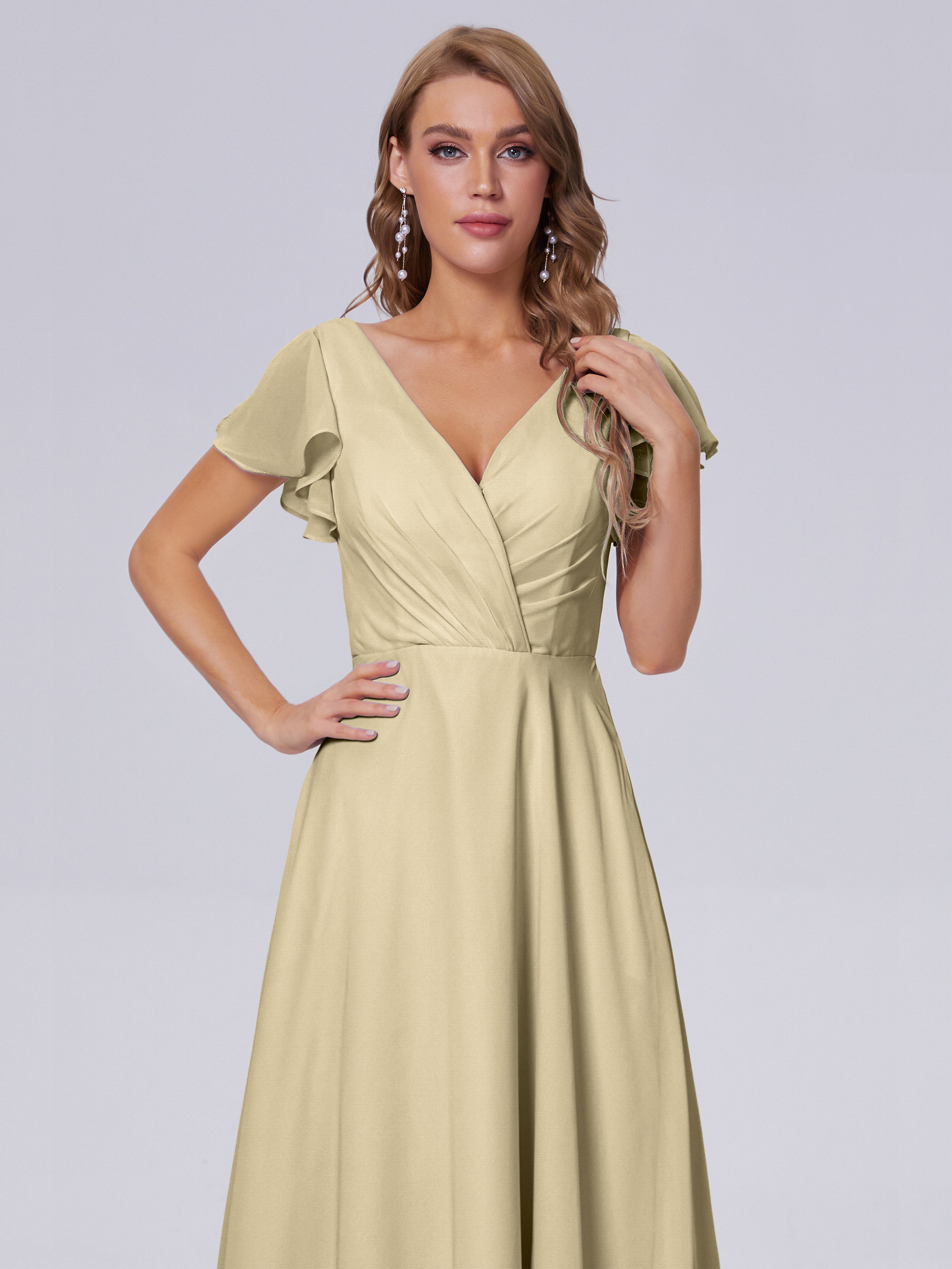Robe Demoiselle D Honneur Champagne Col V Mousseline Robes Demoiselle D'Honneur