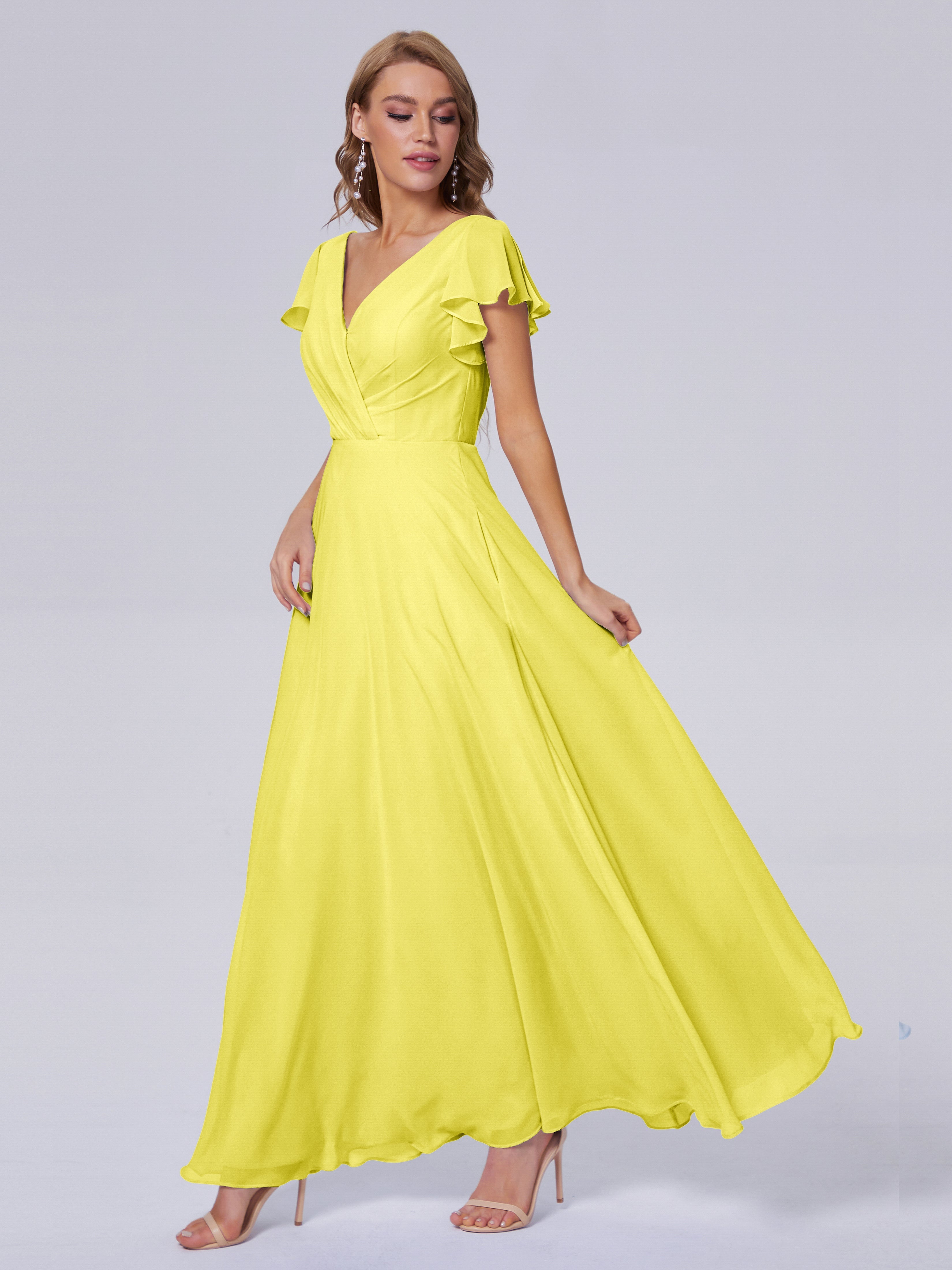 Robes De Demoiselle D'Honneur Citron Col V Mousseline Robes Demoiselle D'Honneur