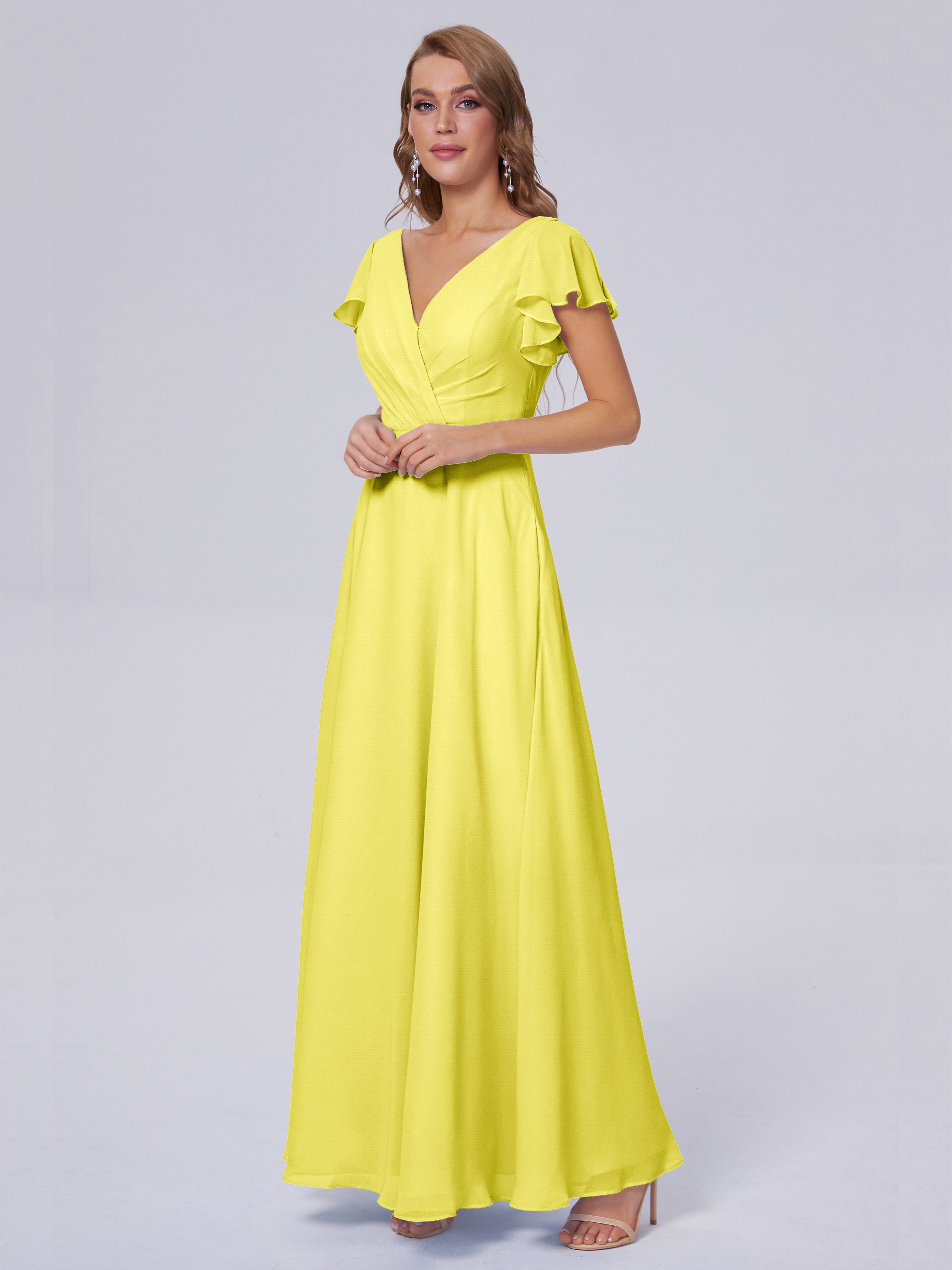 Robes De Demoiselle D'Honneur Citron Col V Mousseline Robes Demoiselle D'Honneur