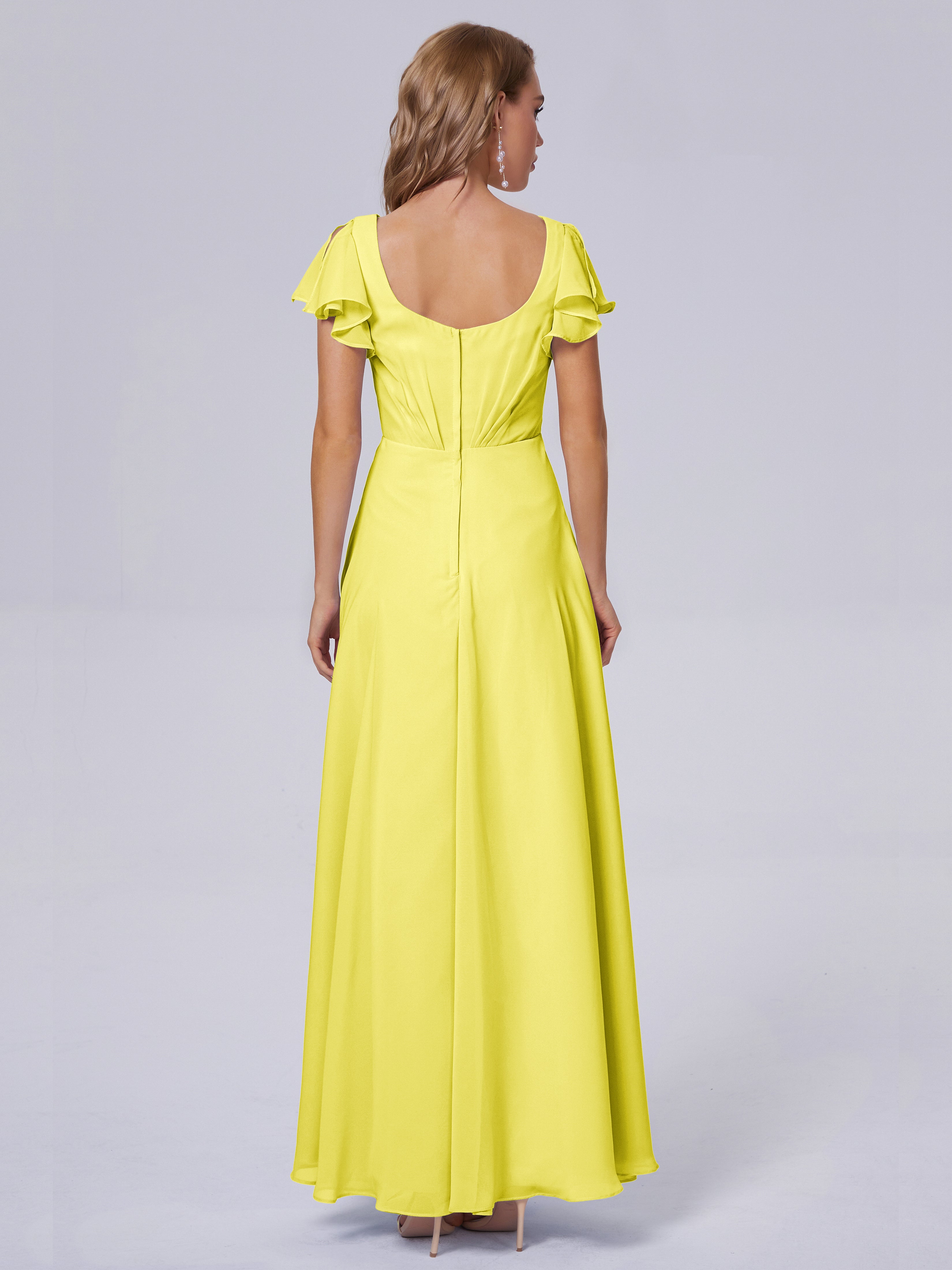 Robes De Demoiselle D'Honneur Citron Col V Mousseline Robes Demoiselle D'Honneur