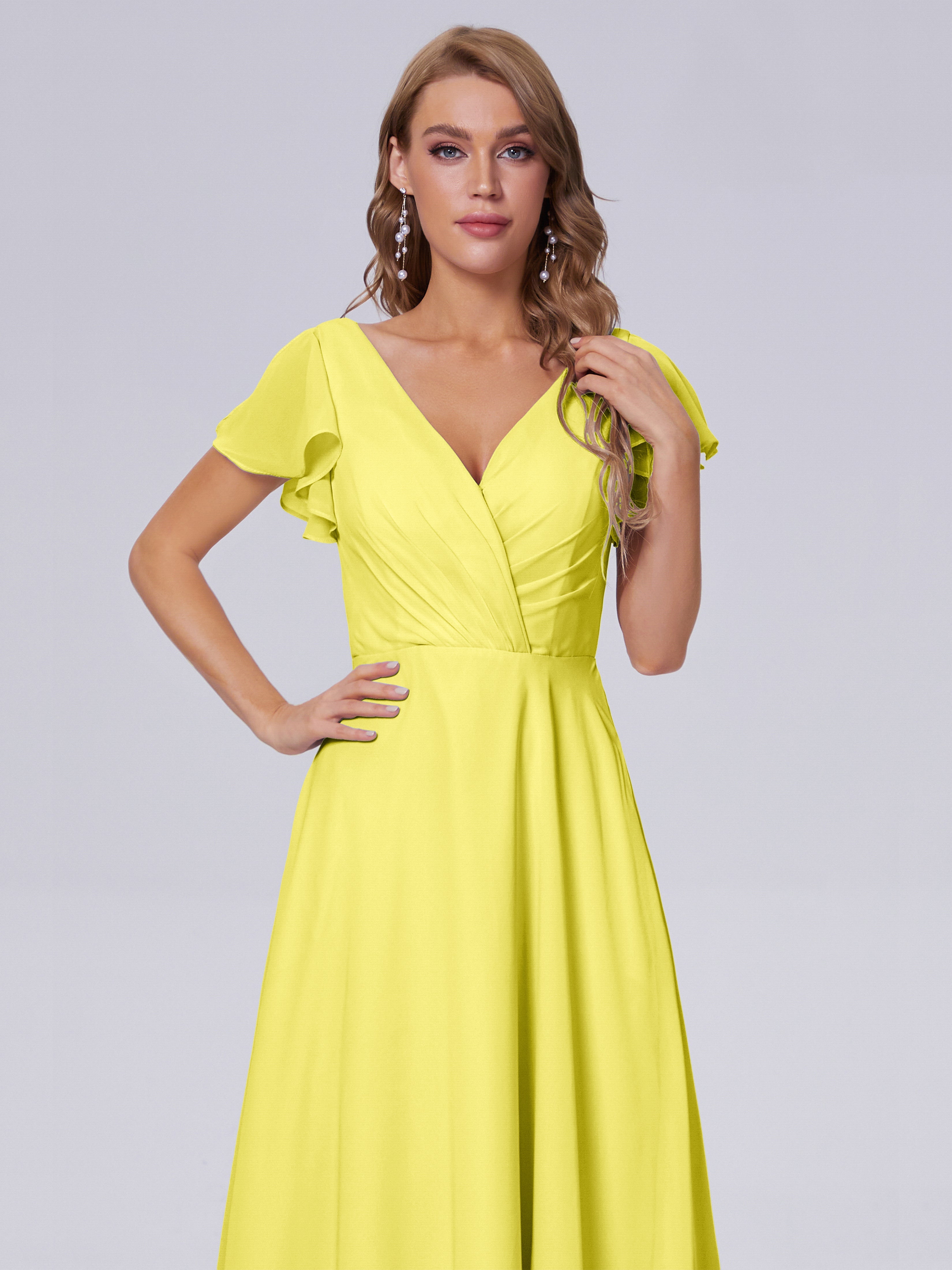 Robes De Demoiselle D'Honneur Citron Col V Mousseline Robes Demoiselle D'Honneur